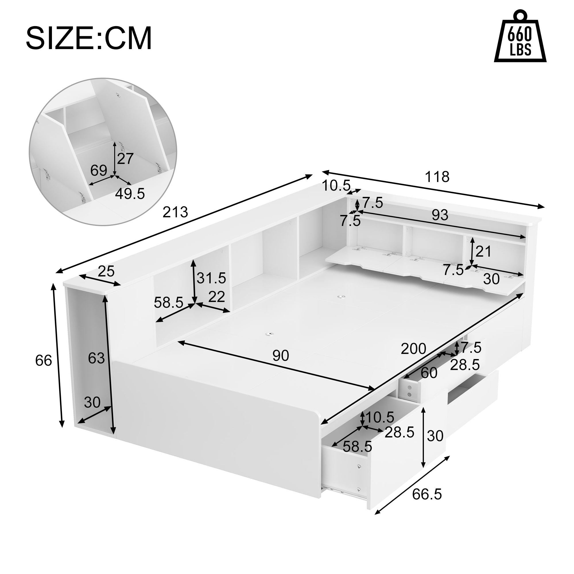 Logidon kinderbed 90x200 cm wit met opbergruimte en boekenkast