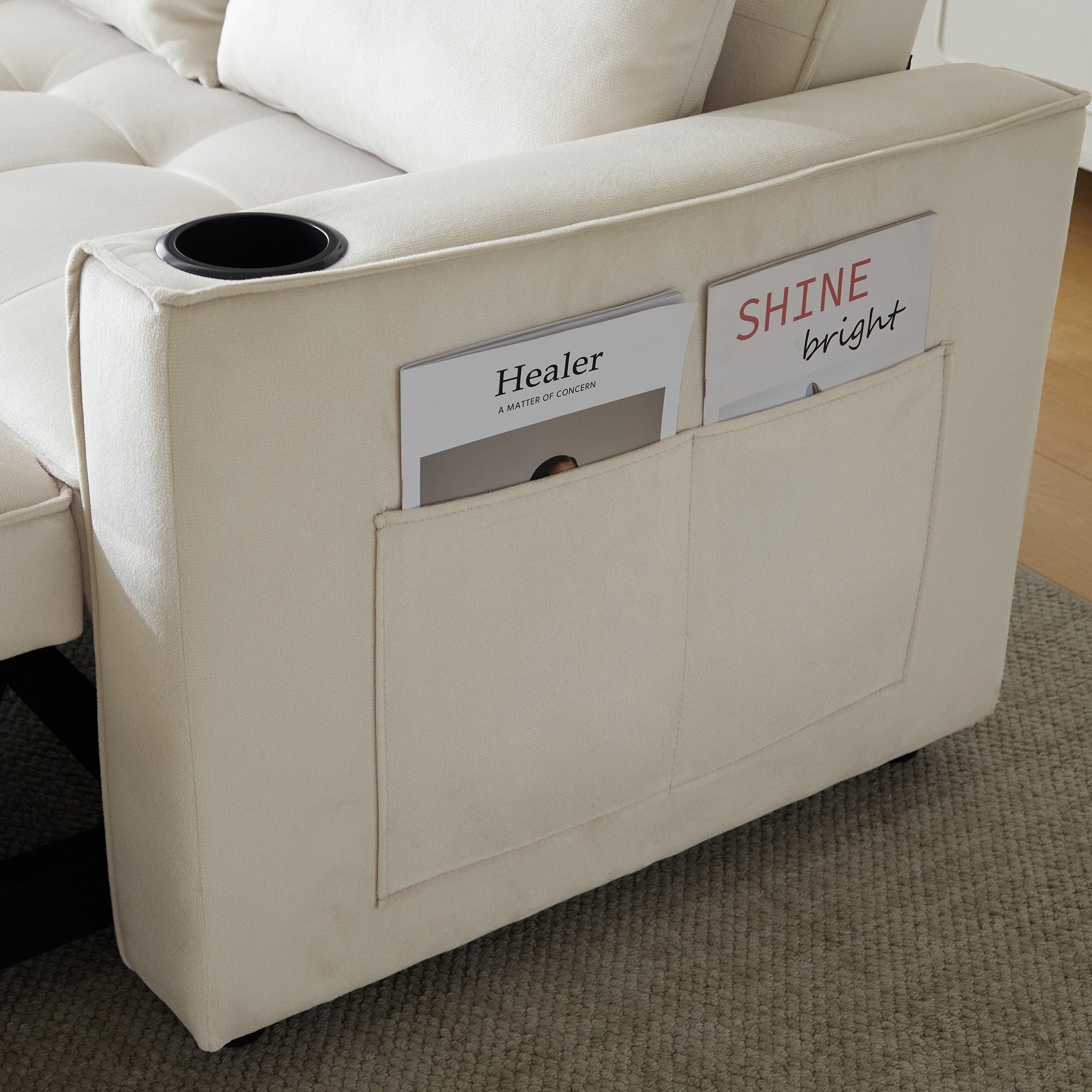 Logidon slaapbank beige fluweel met bekerhouder en kussen