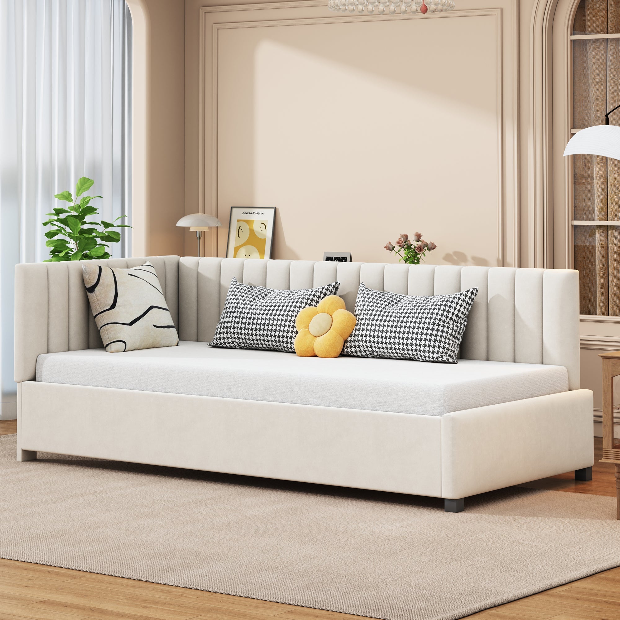 Logidon upholstered bed 90x200 multifunctional bed with slatted frame beige velvet
