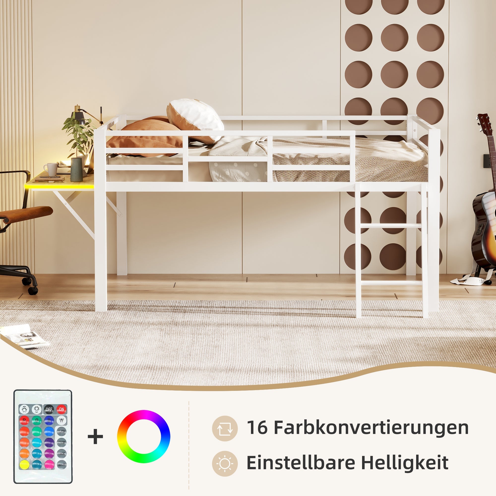 Logidon vlakbed metalen bed 140x200 witte reling LED-lichtstrip