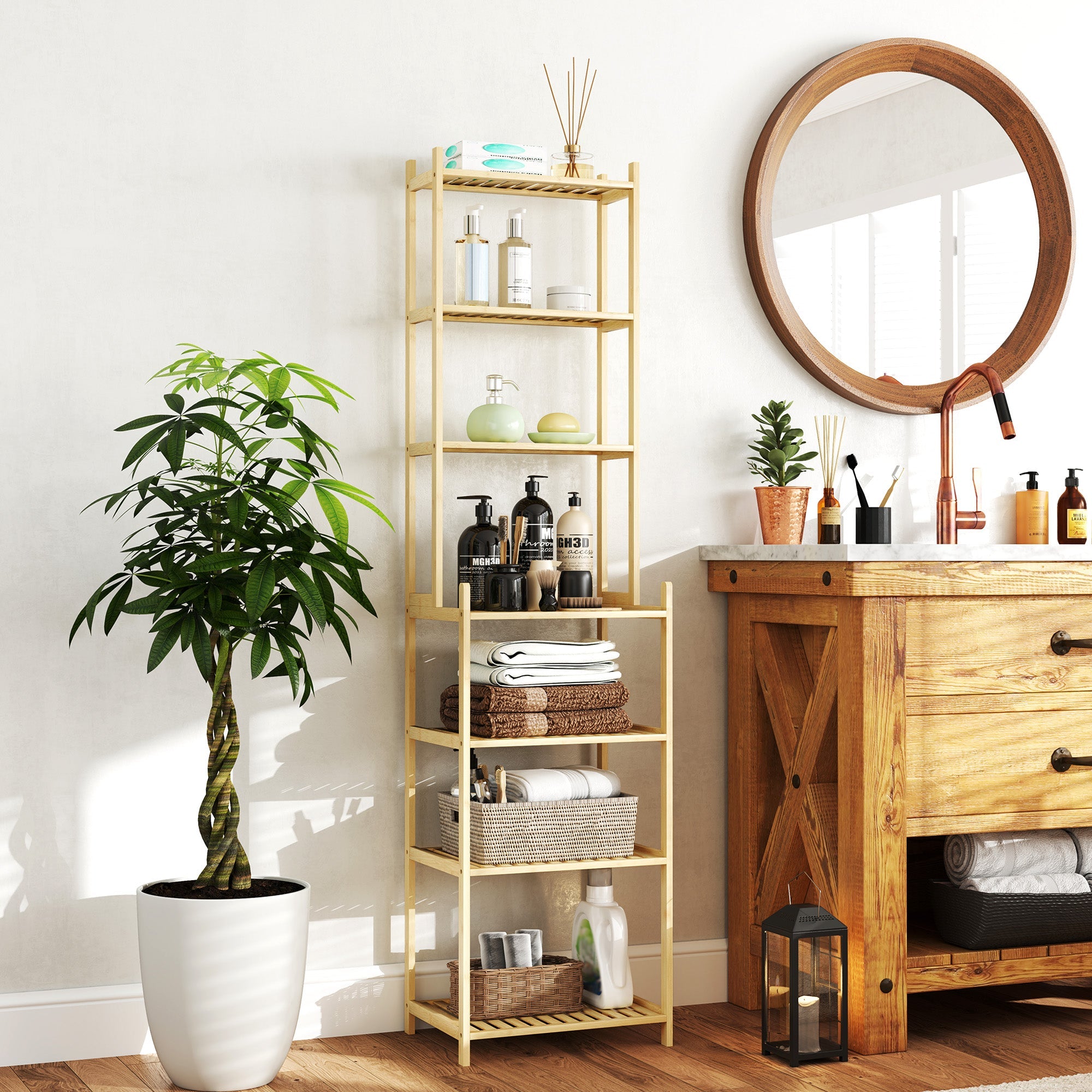 Logidon bathroom shelf natural bamboo 7 levels ladder shelf 44x33x180 cm