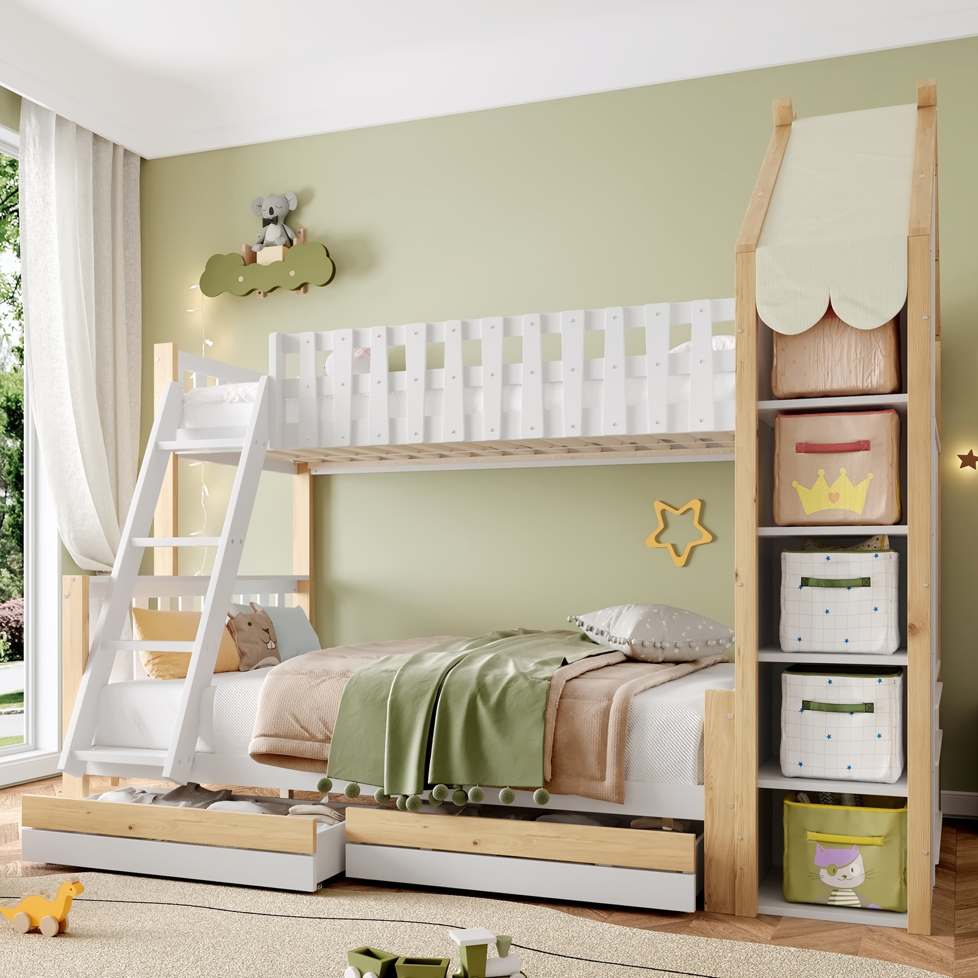 Logidon stapelbed 90x200 en 140x200 wit naturel met 2 lades