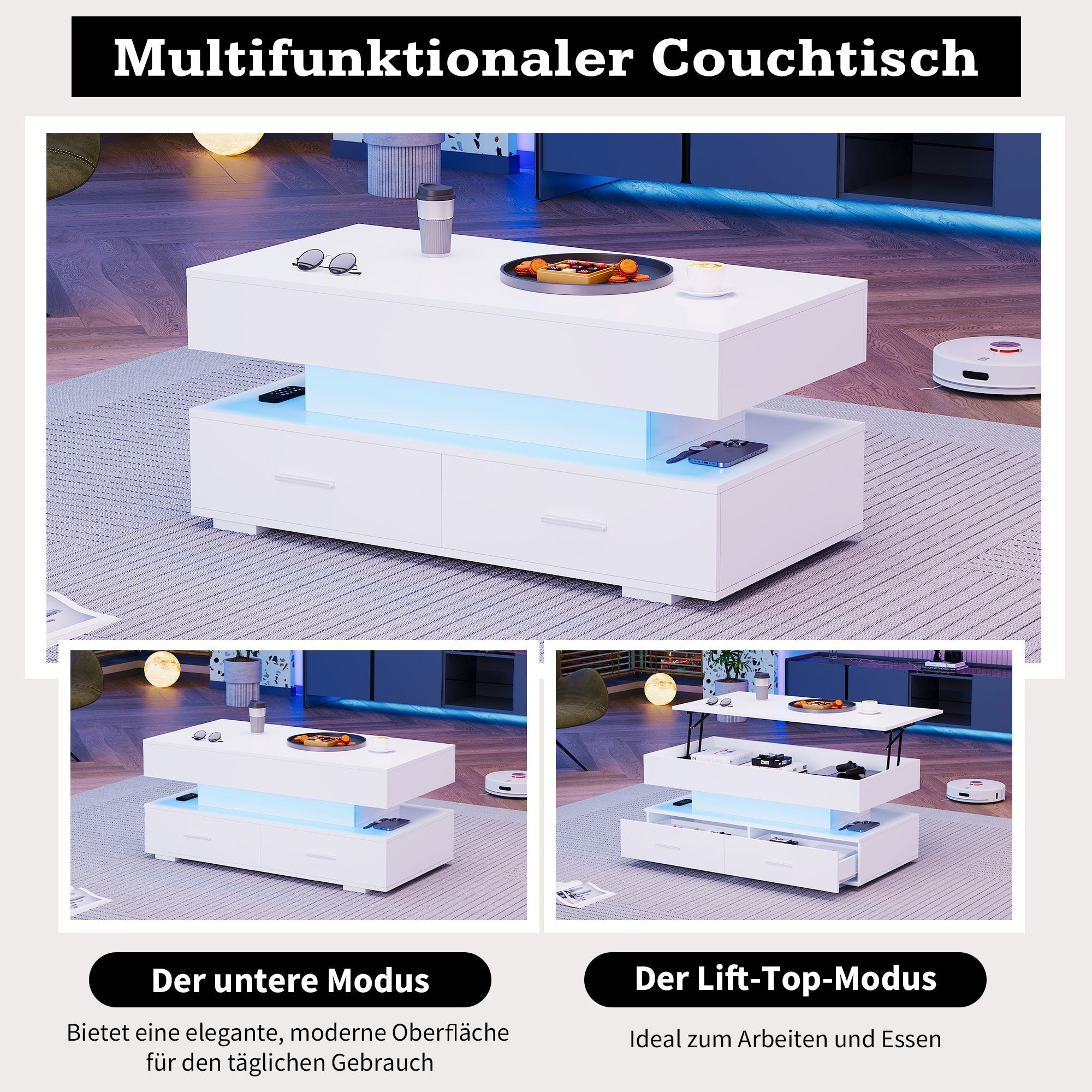 Logidon Hydraulisch in hoogte verstelbare salontafel 100x50x44 cm Wit LED