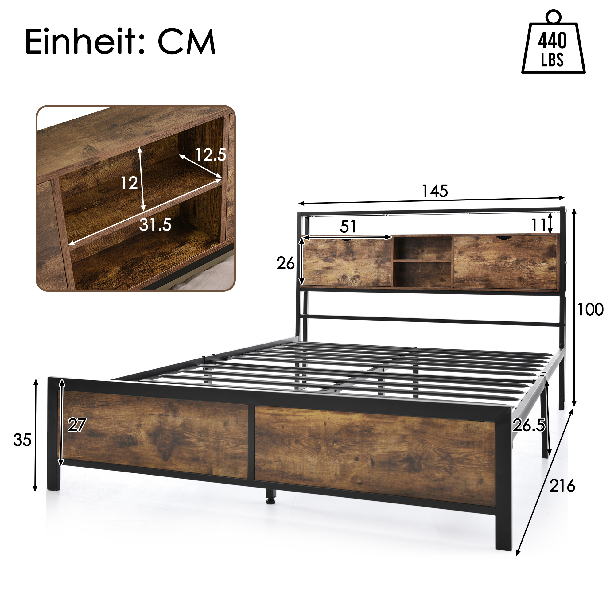 Logidon tweepersoonsbed 140x200 bruin hout metalen frame opbergruimte
