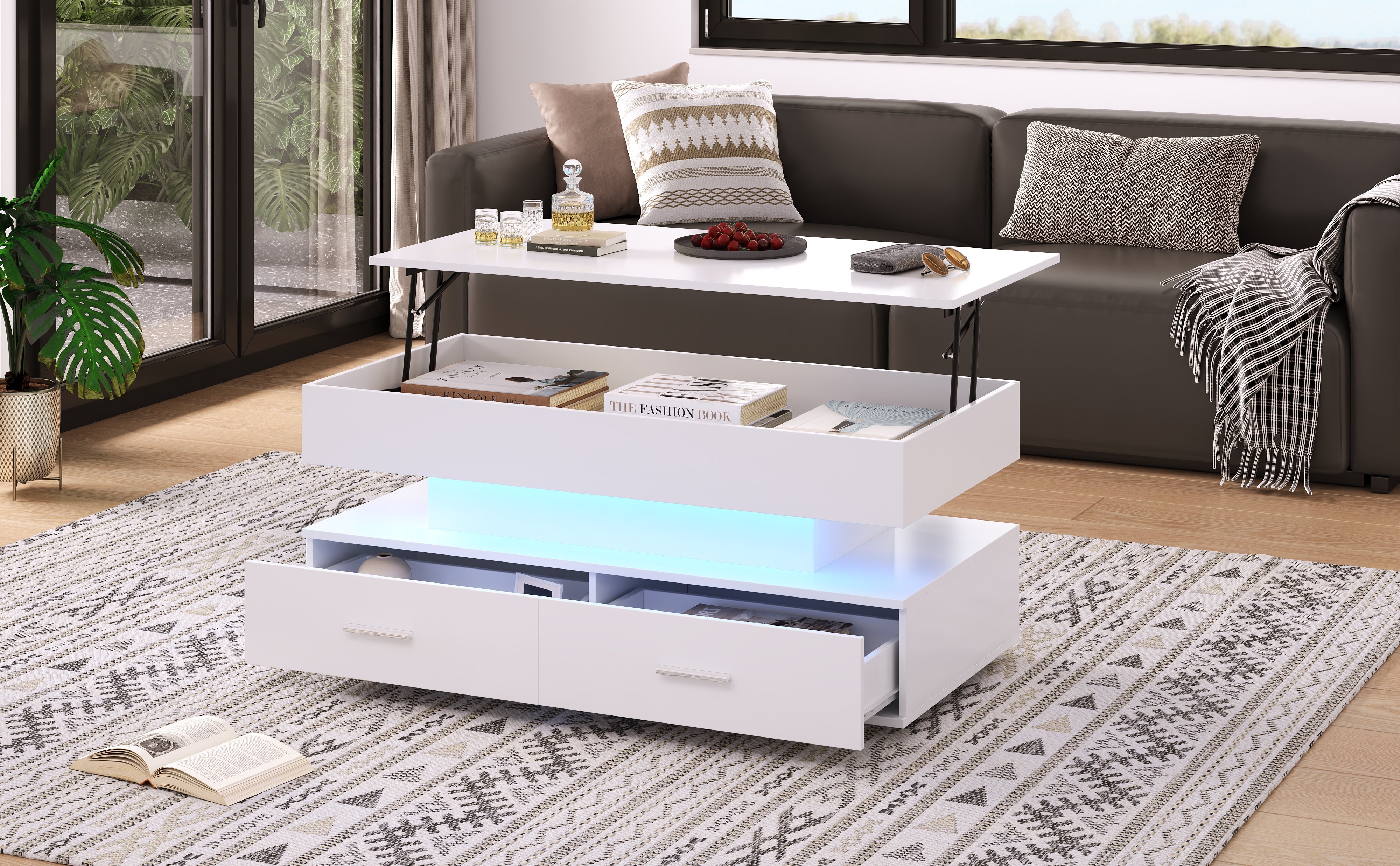 Logidon Hydraulisch in hoogte verstelbare salontafel 100x50x44 cm Wit LED