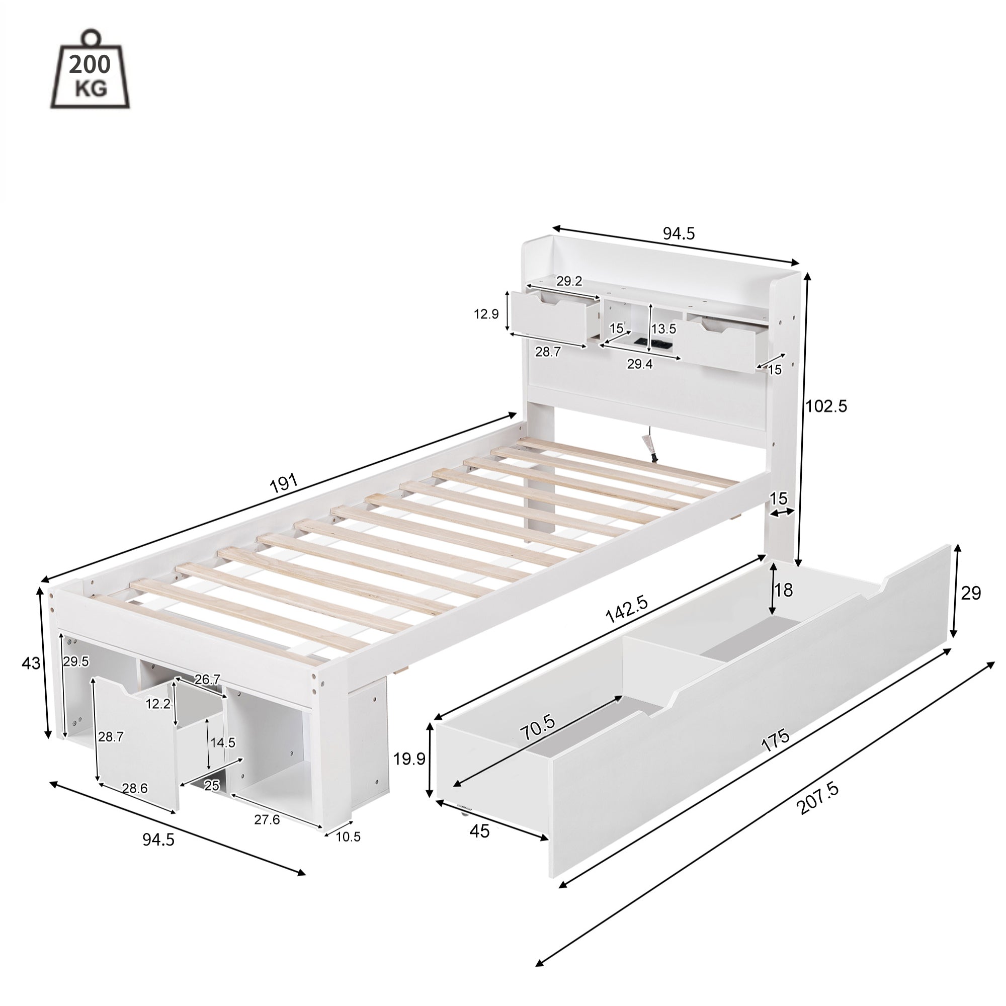 Logidon jeugd- en kinderbed 90x190 cm met USB poort opbergruimte wit