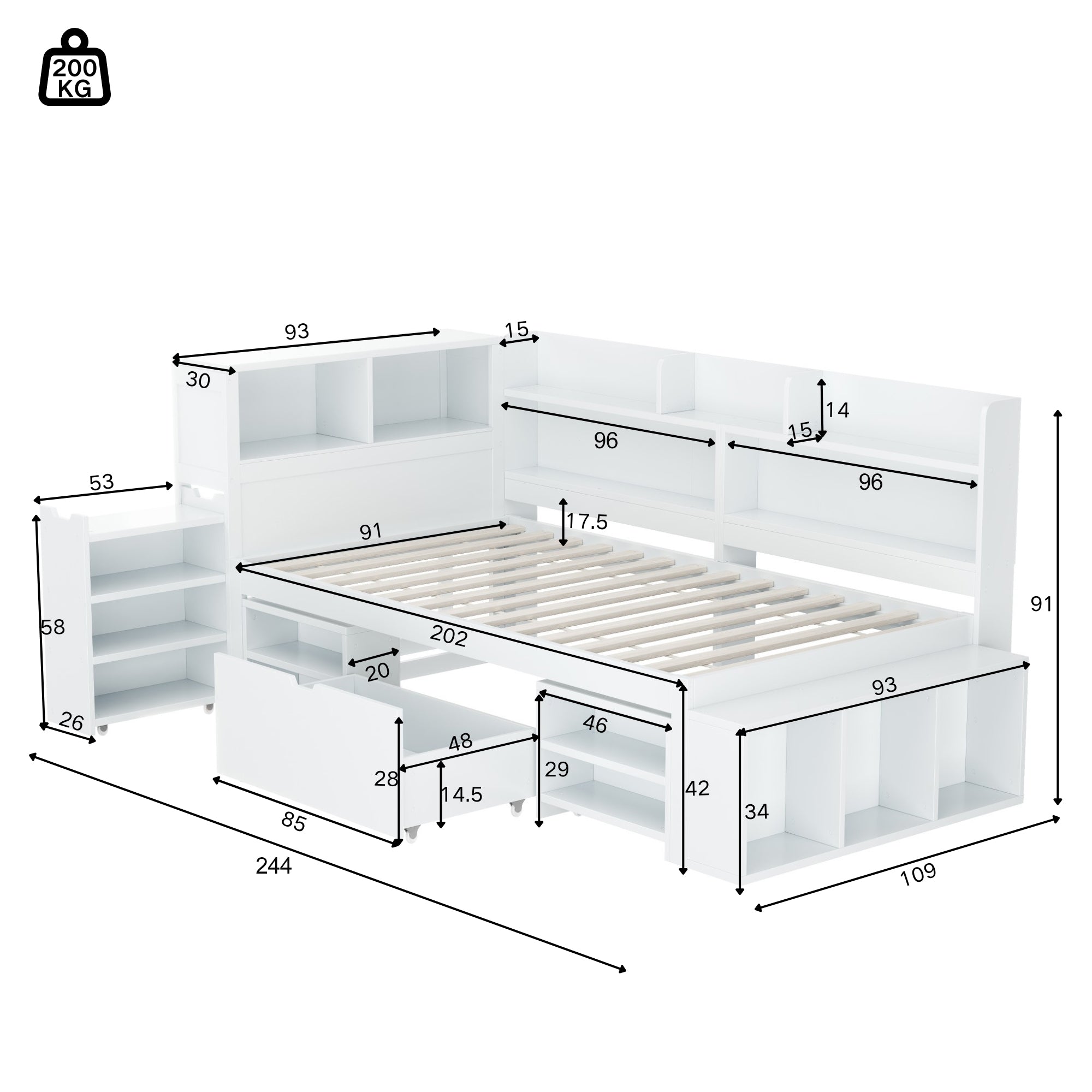 Logidon 90x190 kinderbed wit multifunctioneel bed met opbergruimte