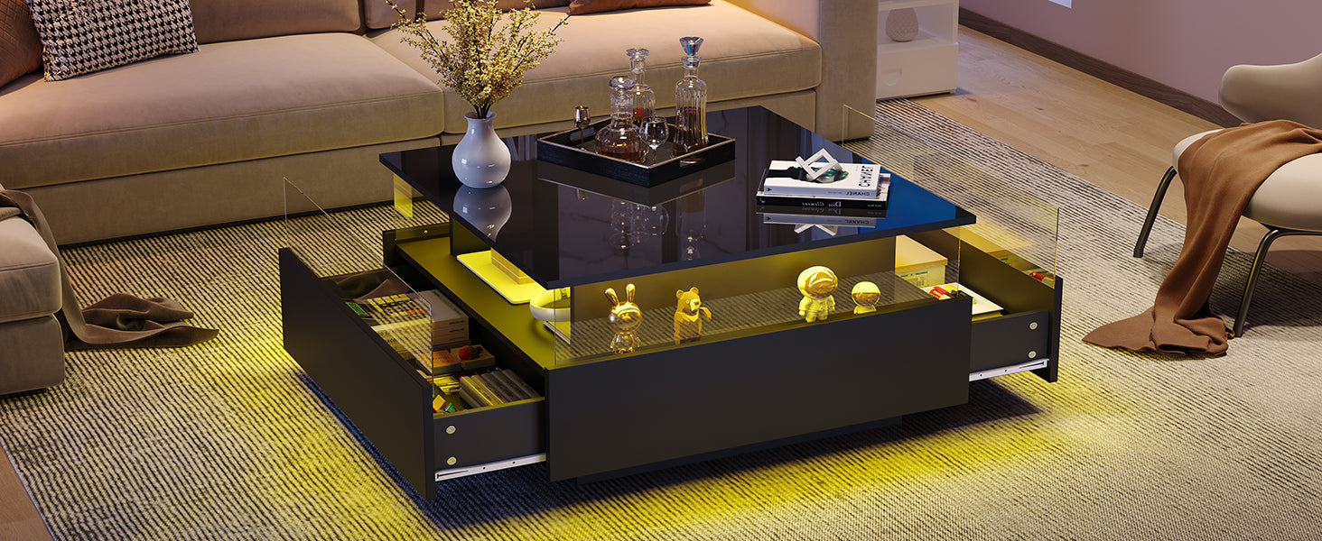 Logidon hoogglans LED salontafel 90x55x45 cm zwart 2 lades