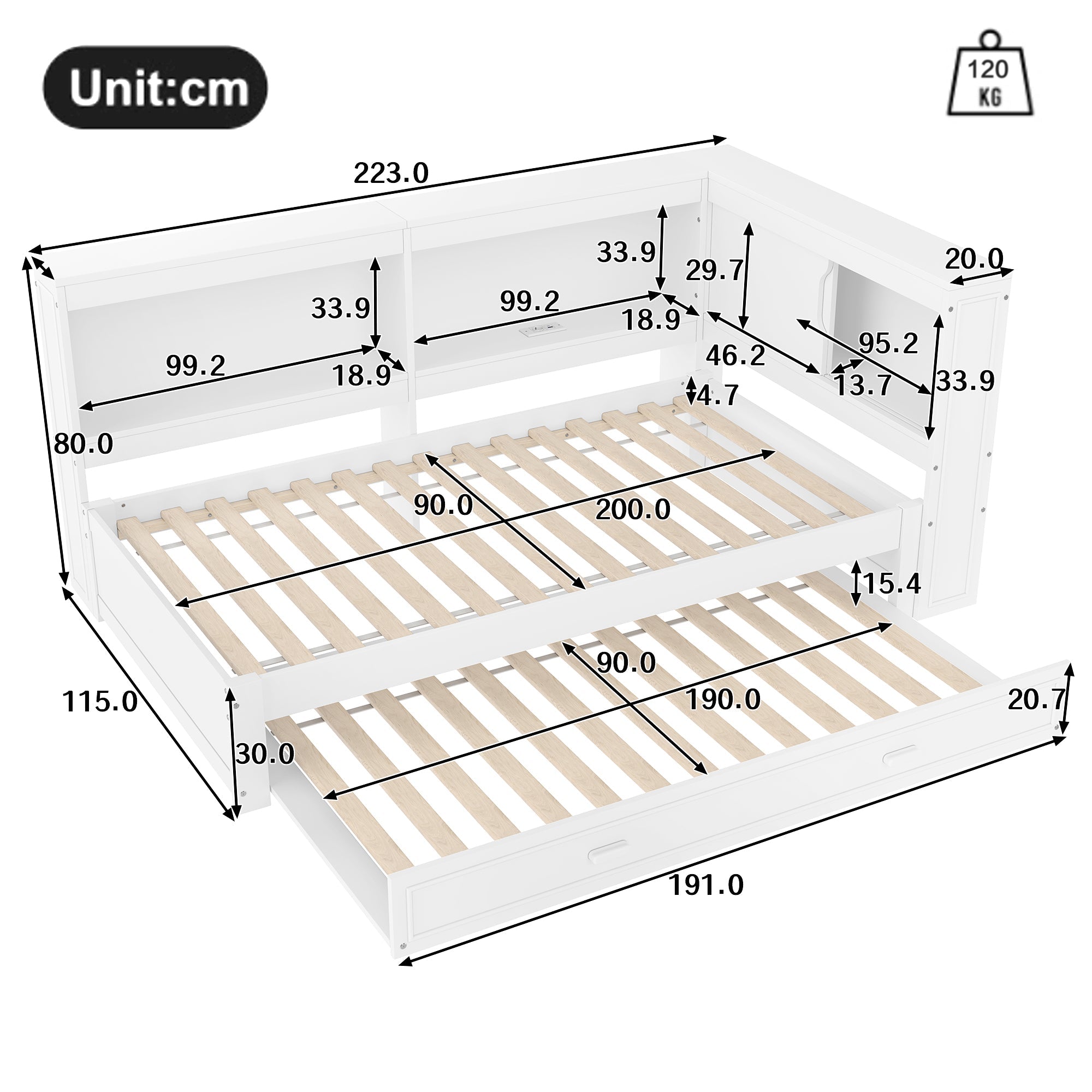 Logidon Dagbed 90x200 cm Wit Uitschuifbed Slaapbank USB LED