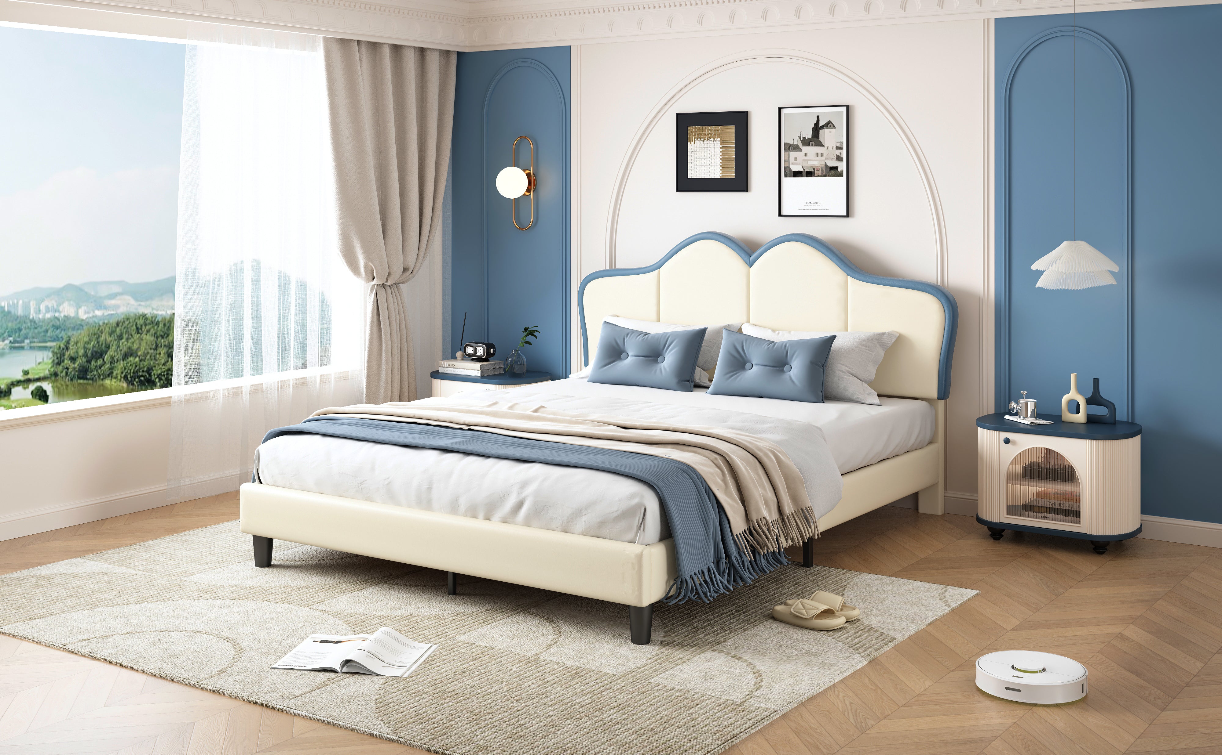 Logidon gestoffeerd bed 140x200 wit blauw met zachte beschermranden