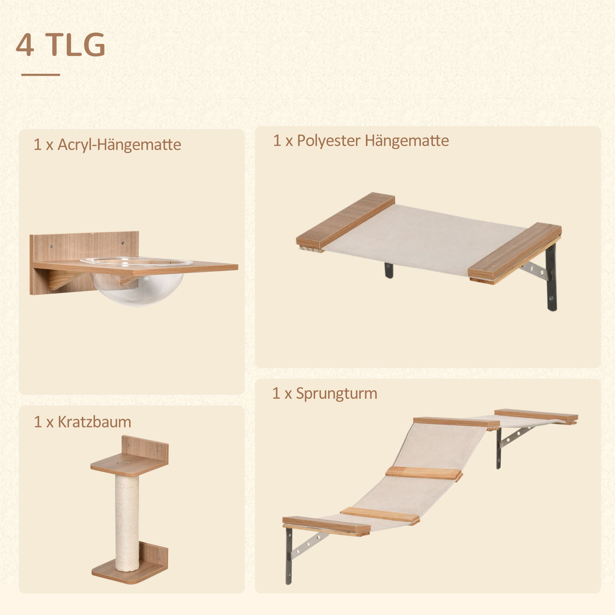 Logidon cat wall set light brown with scratching post, stairs and hammock