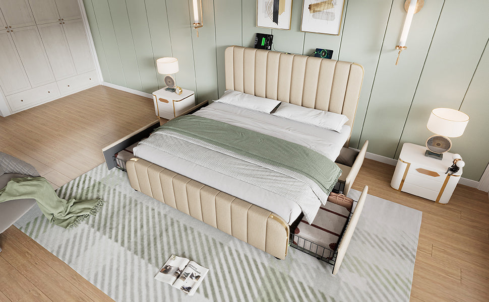 Logidon gestoffeerd bed 160x200 beige met USB oplaadfunctie en 4 lades