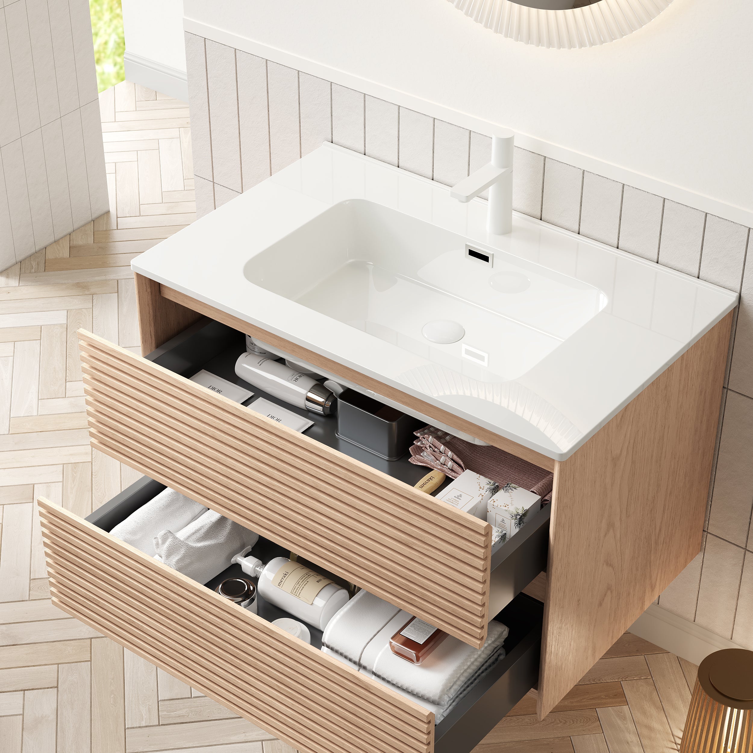 Logidon 81 cm wall-mounted washbasin with white ceramic base walnut