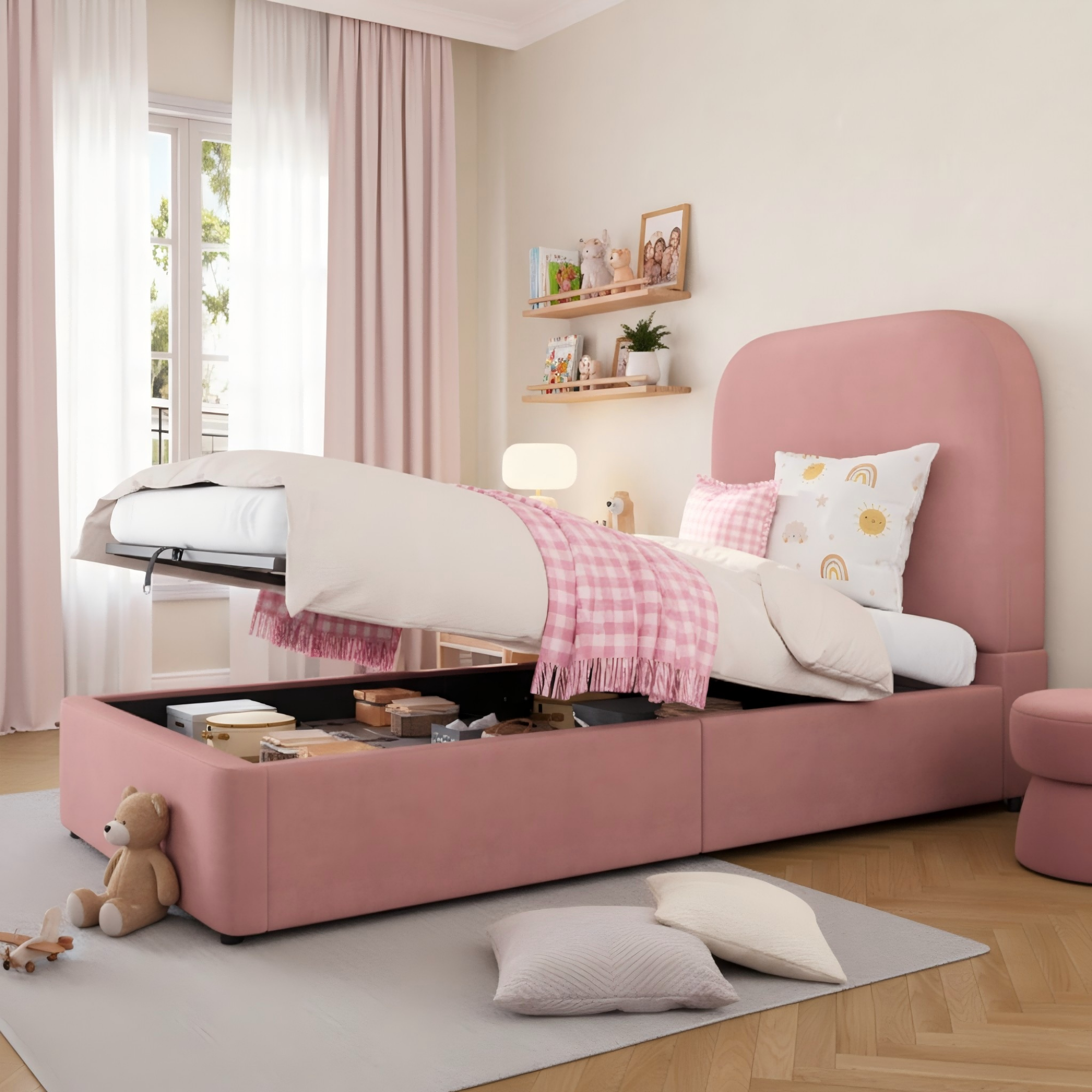 Logidon gestoffeerd bed 90x200 roze hydraulisch met opbergruimte fluweel