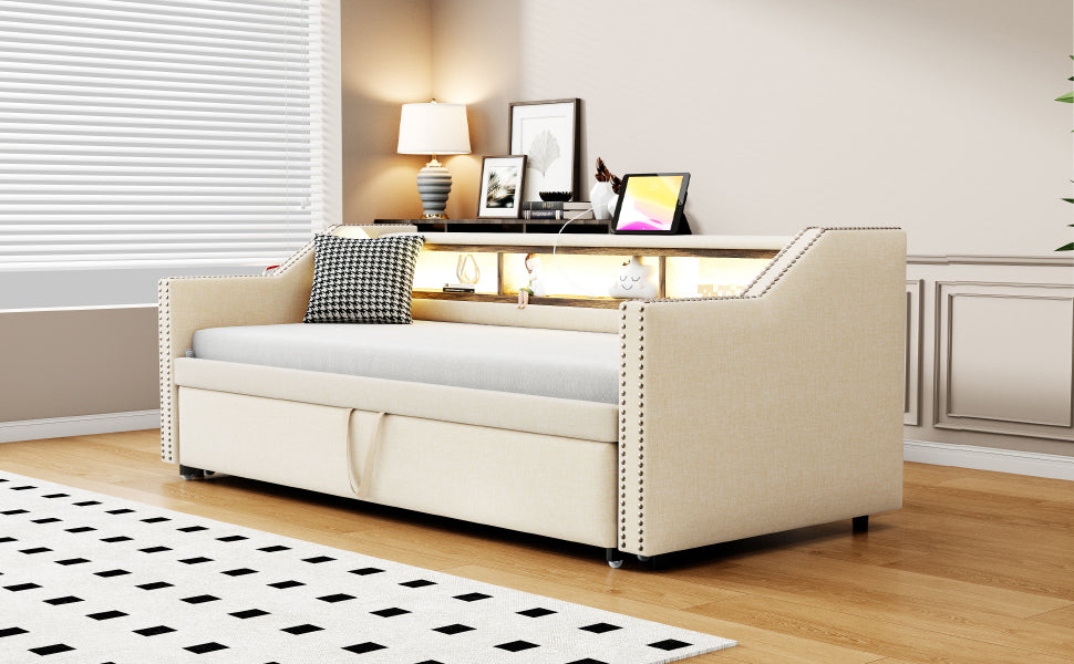 Logidon Upholstered Bed Extendable Sofa Bed 90/180 X 190 Beige Storage Compartment