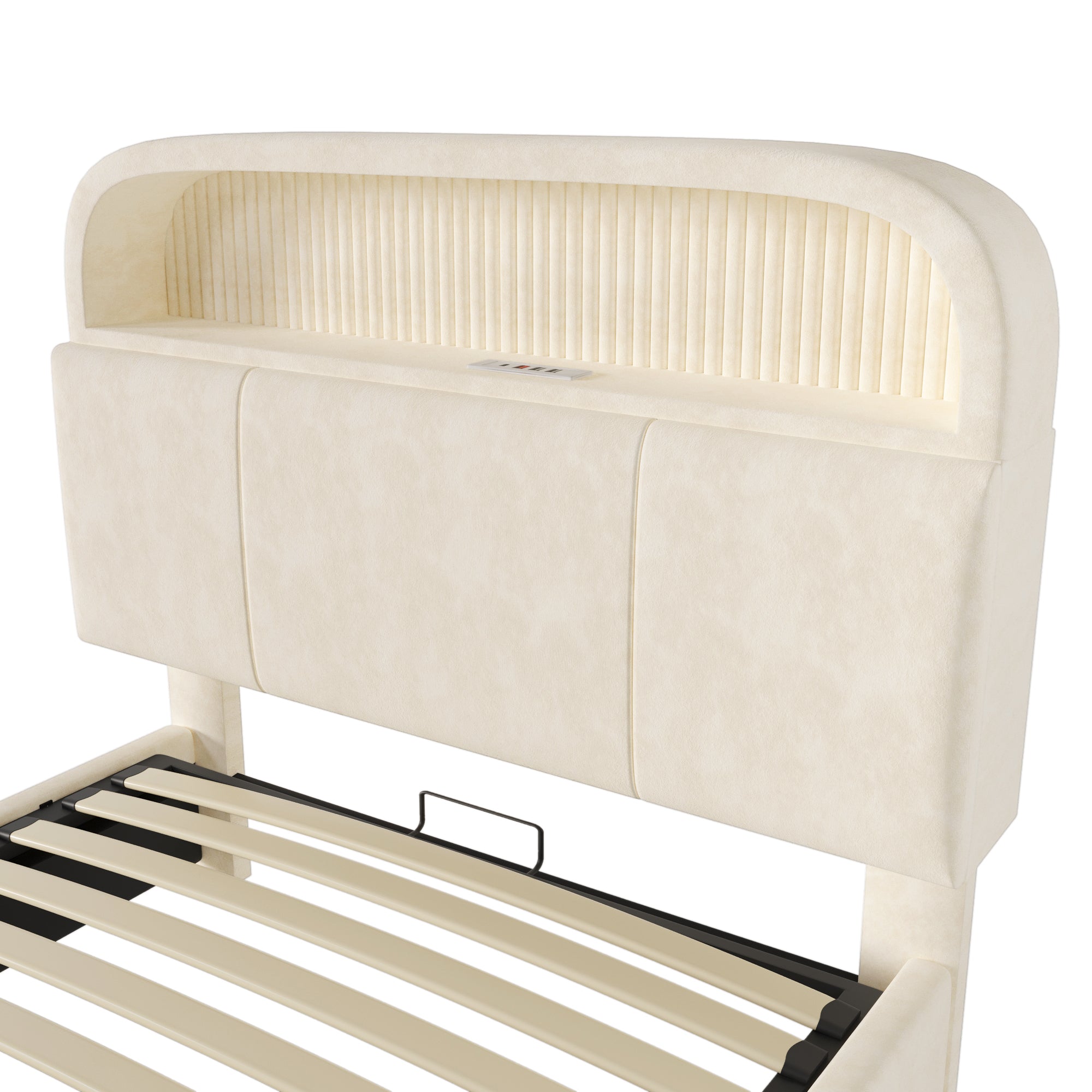 Logidon gestoffeerd bed 90x200 cm beige fluweel met opbergruimte hoofdbord, LED