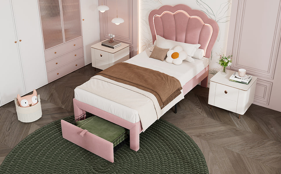 Logidon kinderbed LED 90x190 roze fluweel gestoffeerd bed met lades