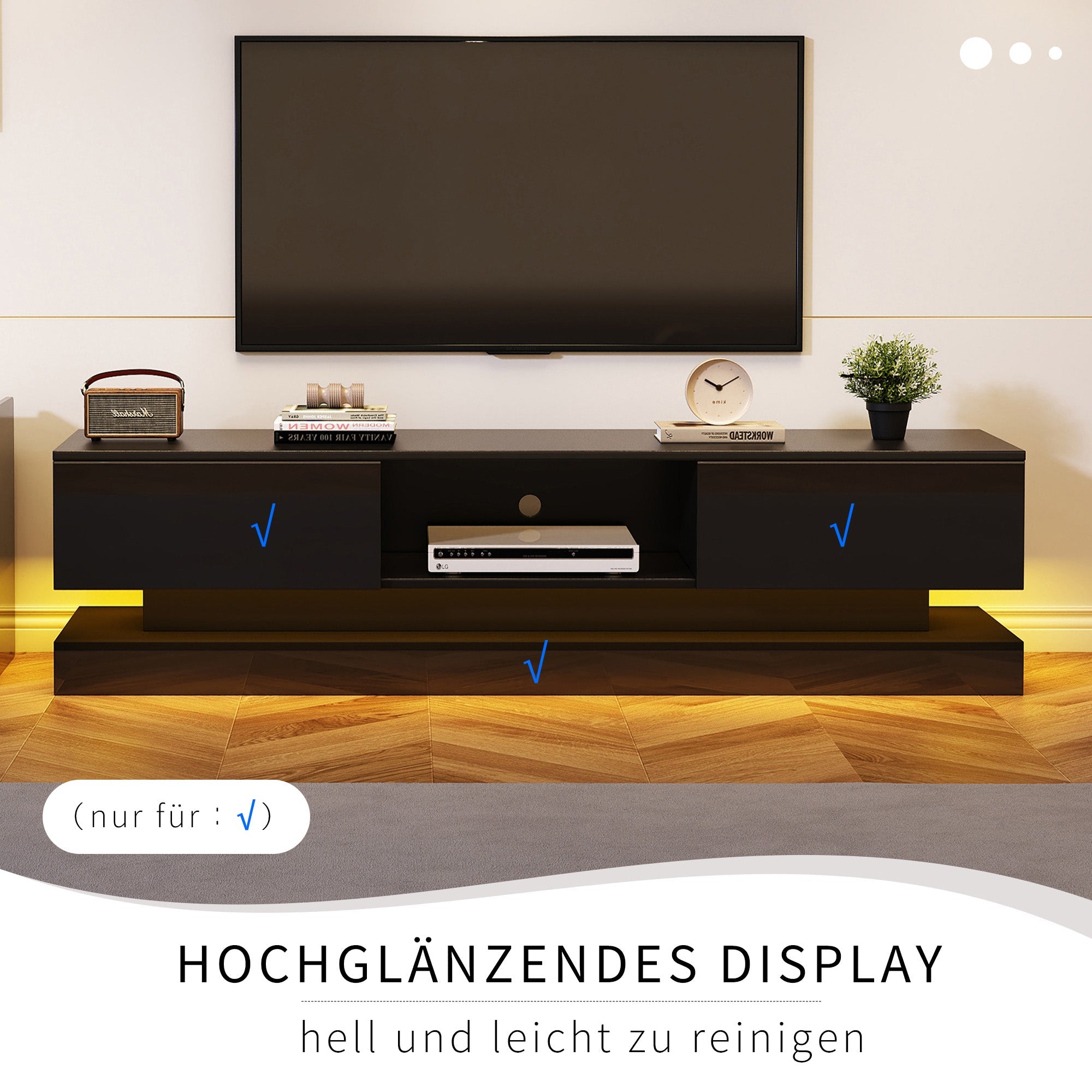 Logidon Zwart Hoogglans TV-meubel 160 CM Met LED 2 Laden