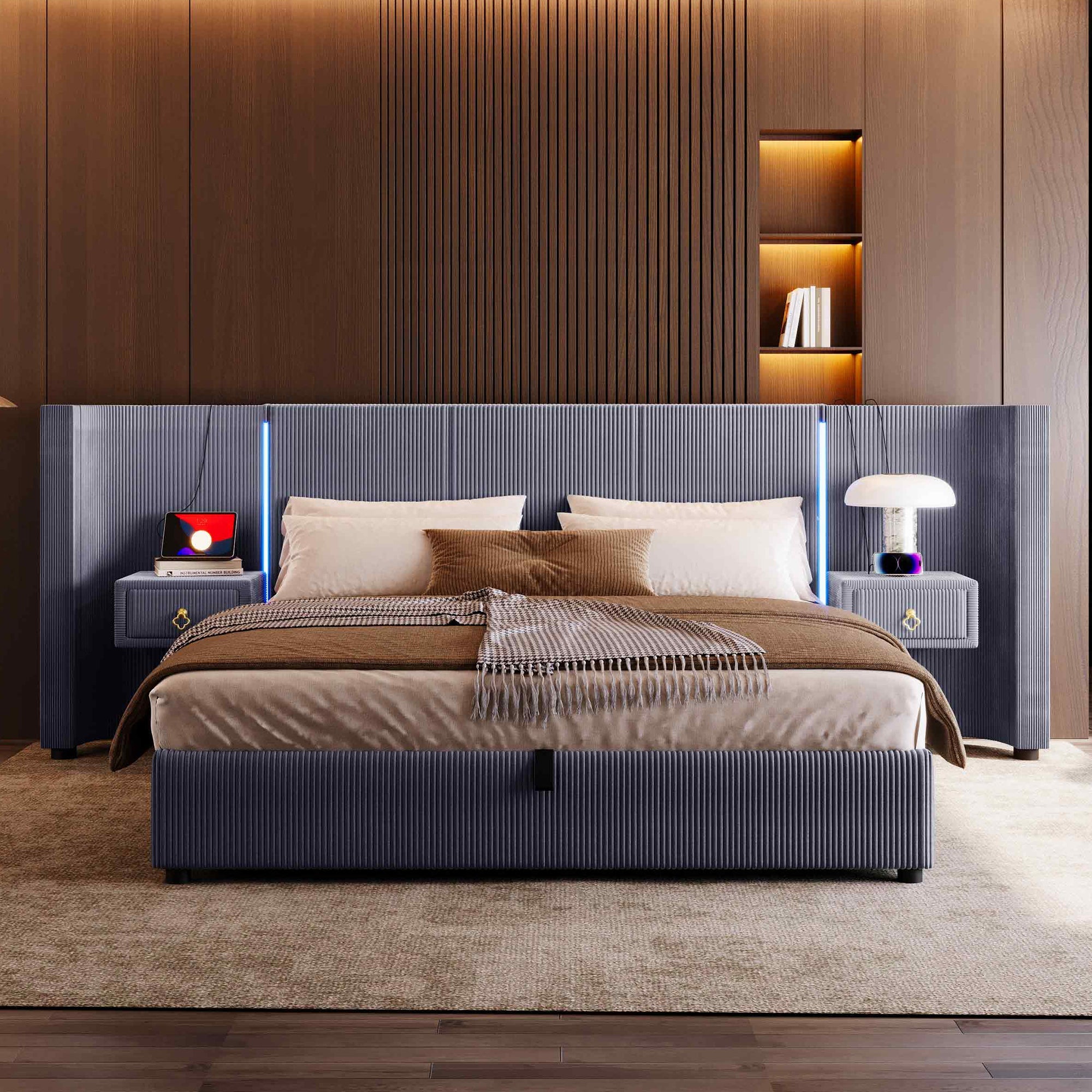 Logidon upholstered bed 180x200 cm gray velvet with LED strip storage space