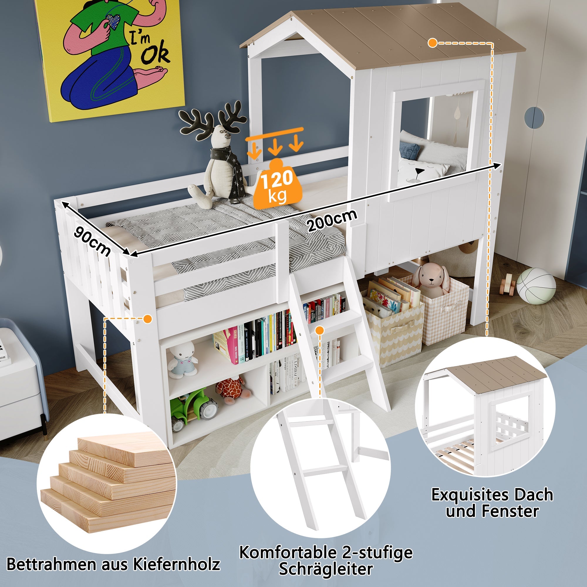 Logidon kinderbed halfhoogslaper met dakraam 90x200 wit naturel