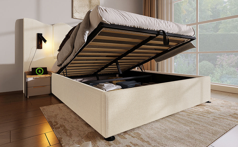 Logidon gestoffeerd bed beige-wit 160x200 met leeslamp USB-C oplaadfunctie