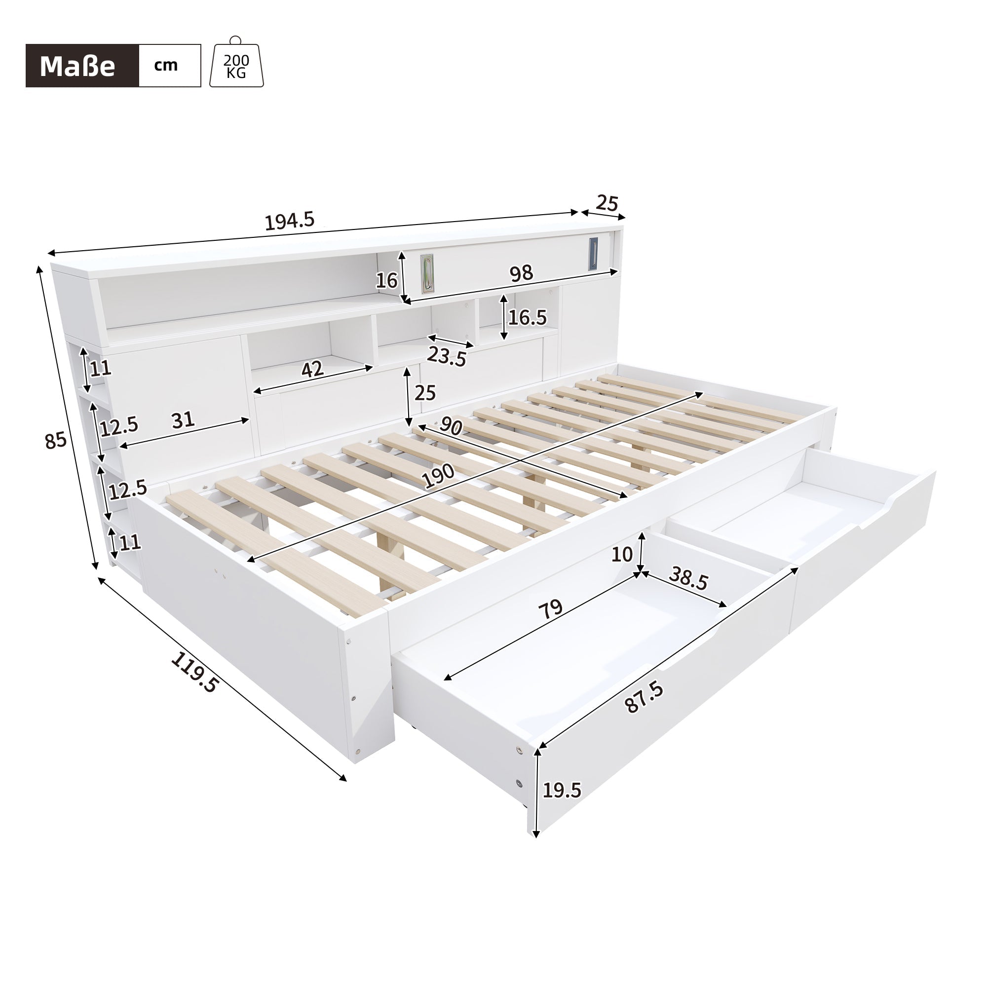Logidon Kinderbed 90x190 cm Wit met Opberglades en Plank