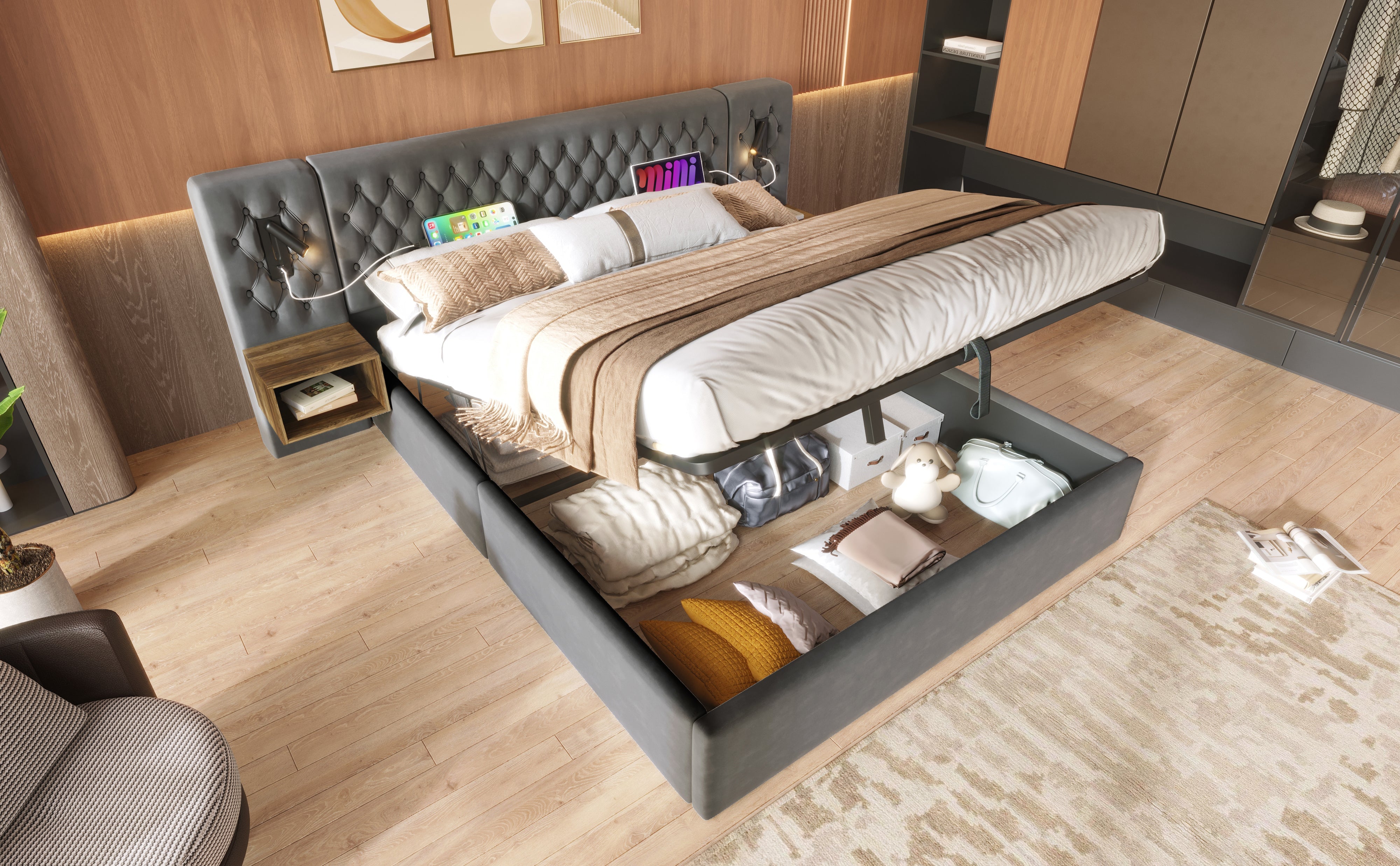 Logidon bed system hydraulic storage bed 160x200 cm gray velvet