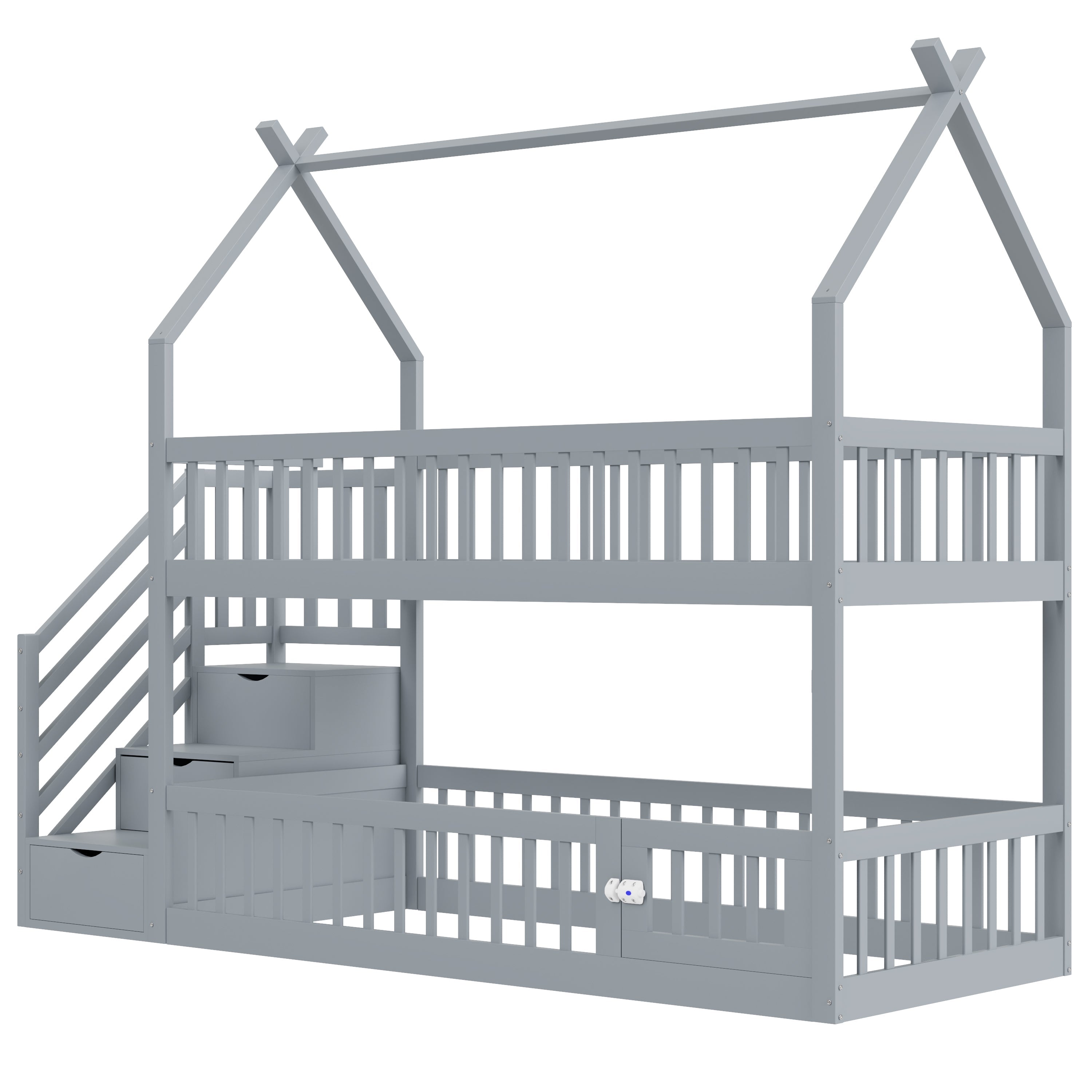 Logidon Bunk Bed 90x200 Gray With Roof Safety Stairs Storage Space
