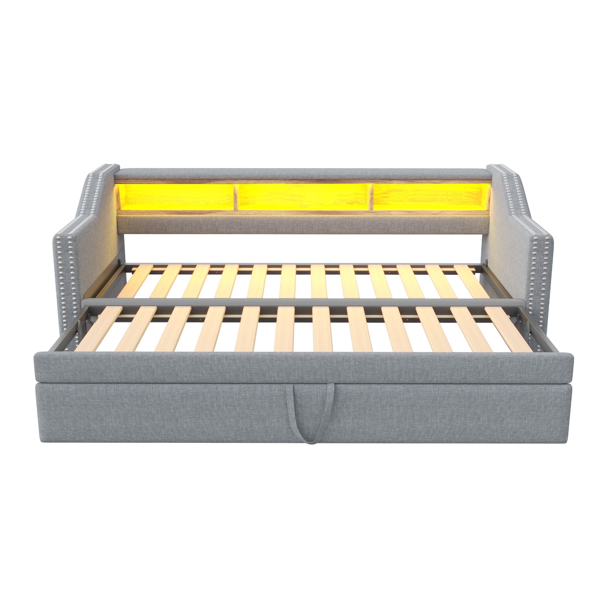 Logidon upholstered bed pull-out sofa bed 90/180 x 190 cm light gray storage compartment