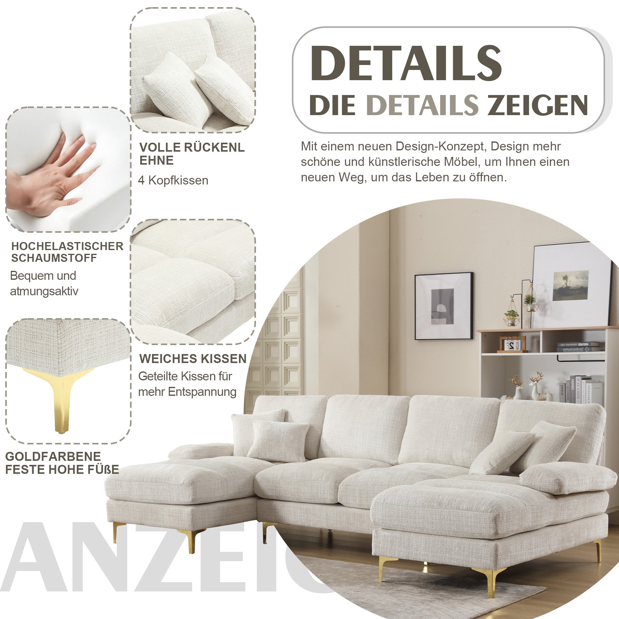 Logidon Modern Chenille U-Shape Sectional Sofa Beige Double Lounger