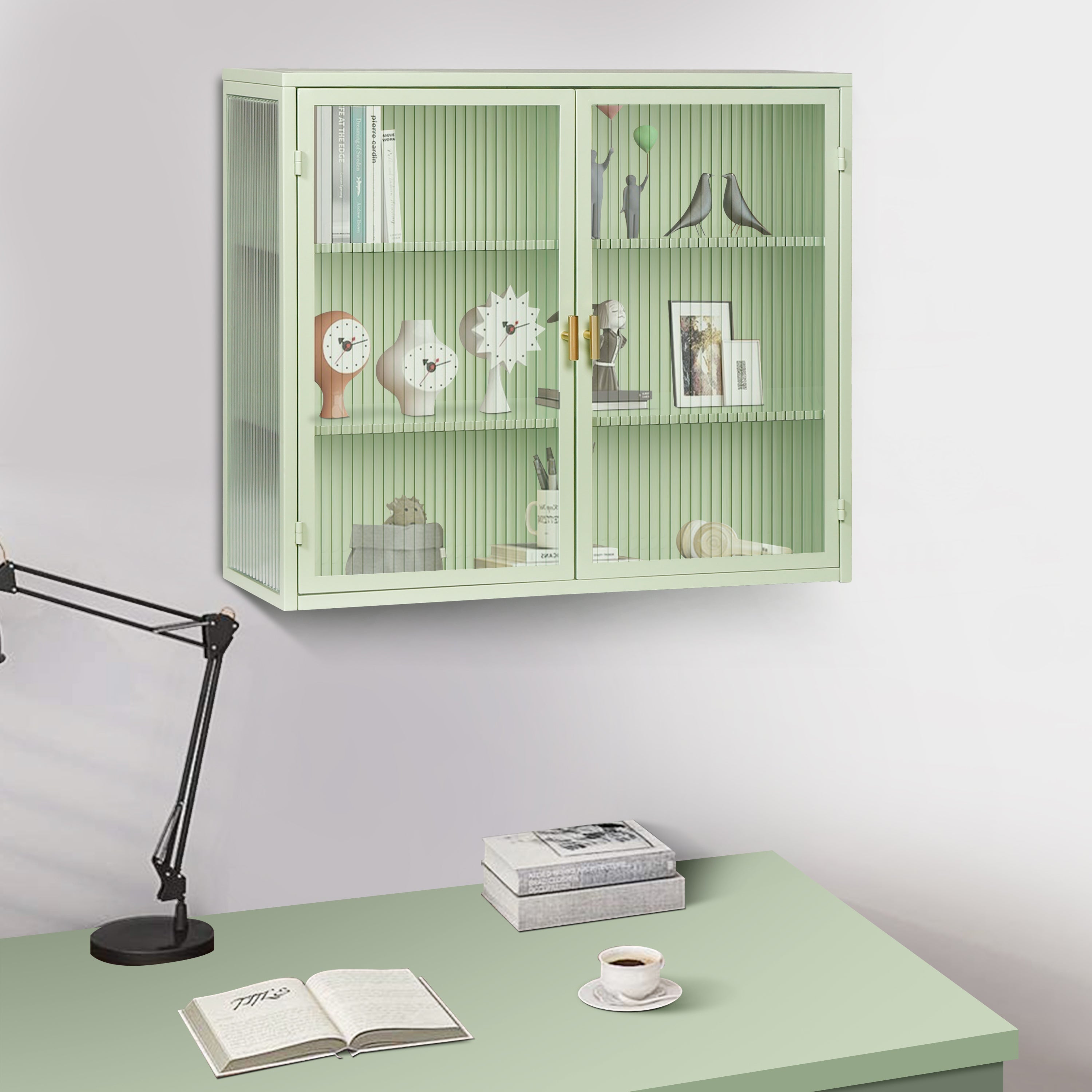Logidon 70 cm glazen wandvitrinekast met twee deuren mintgroen drie niveaus
