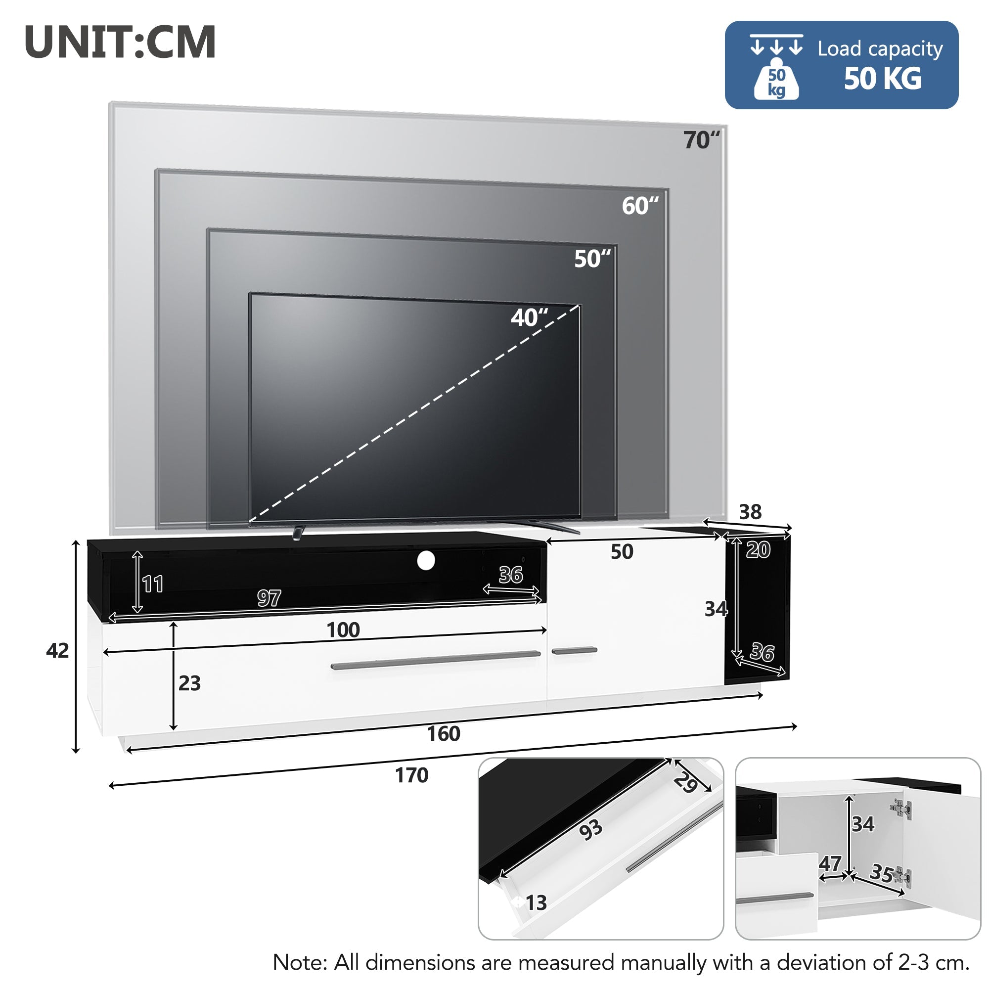 Logidon hoogglans TV-meubel 170 cm zwart wit met ladedeur