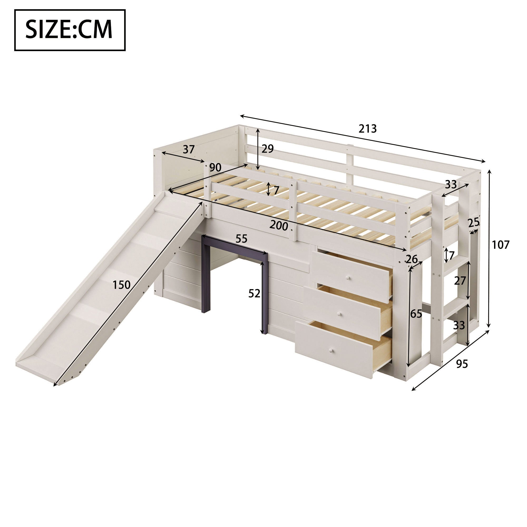 Logidon crème hoogslaper 90x200 met glijbaan, 3 lades, 2 deuren