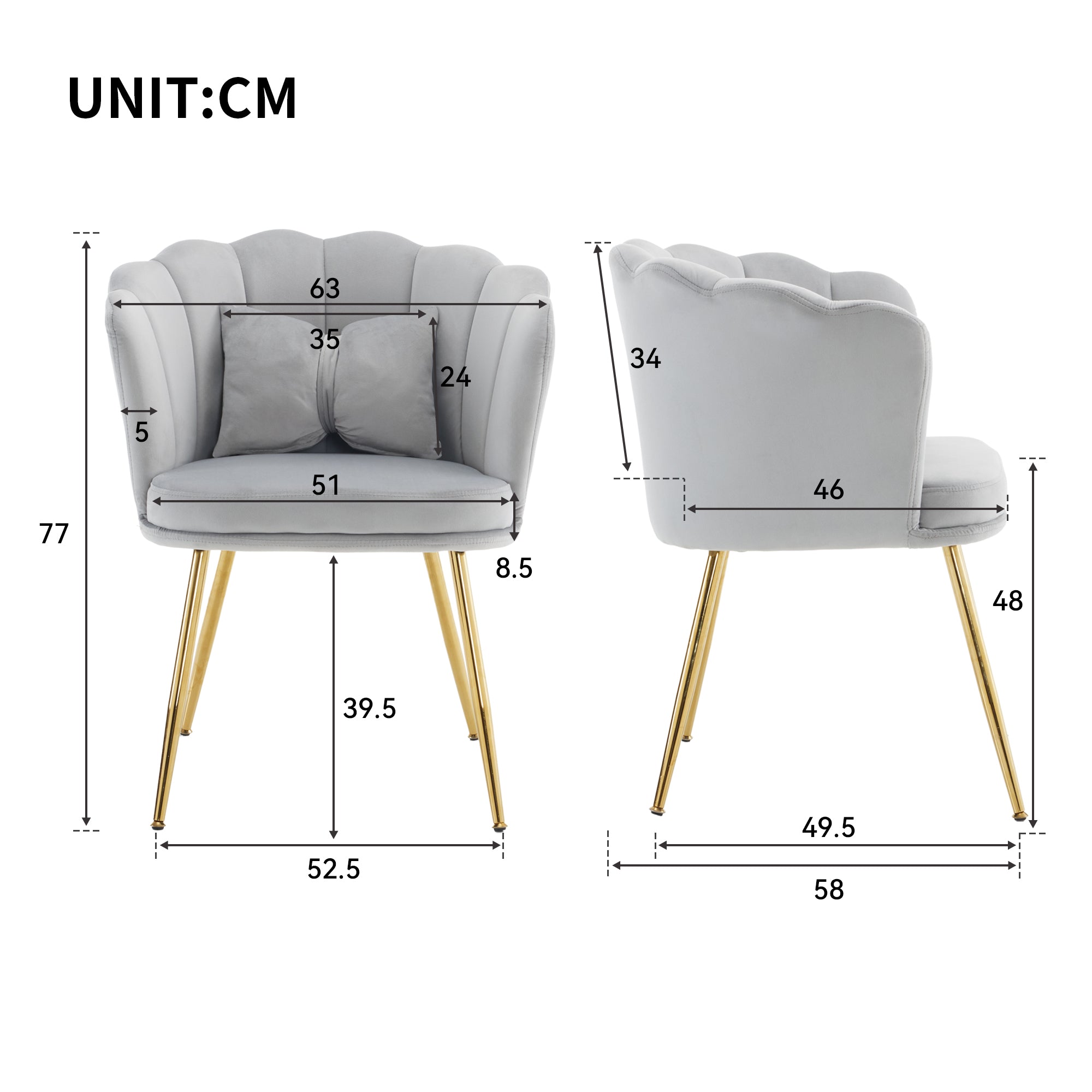 Logidon Vier moderne fluwelen stoelen grijs met bladgouden poten