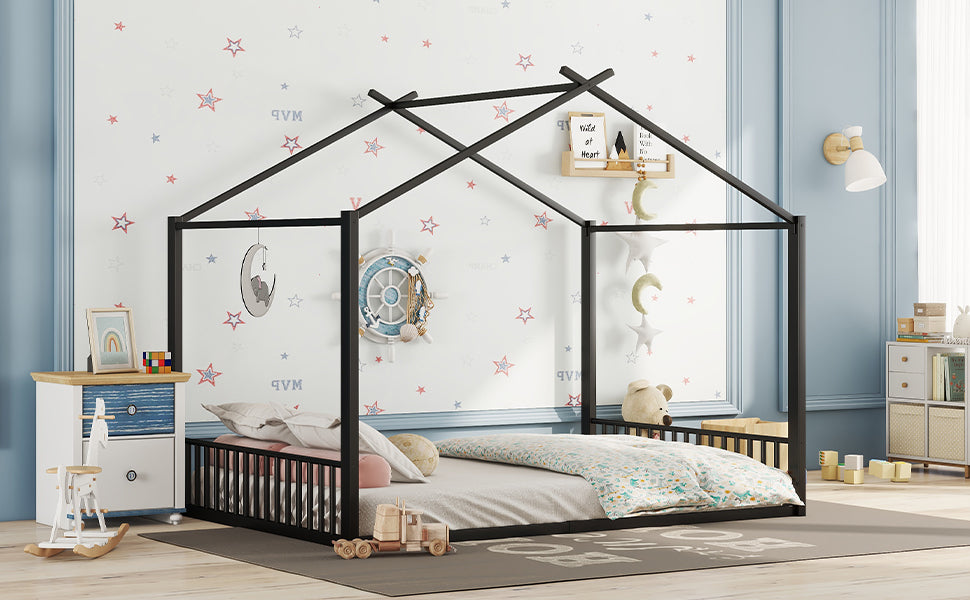 Logidon 140x200cm plat bed huisbed met ijzeren frame zwart