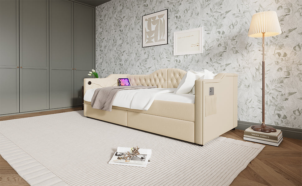Logidon gestoffeerde slaapbank 90x200 beige USB-oplaadfunctie 2 compartimenten