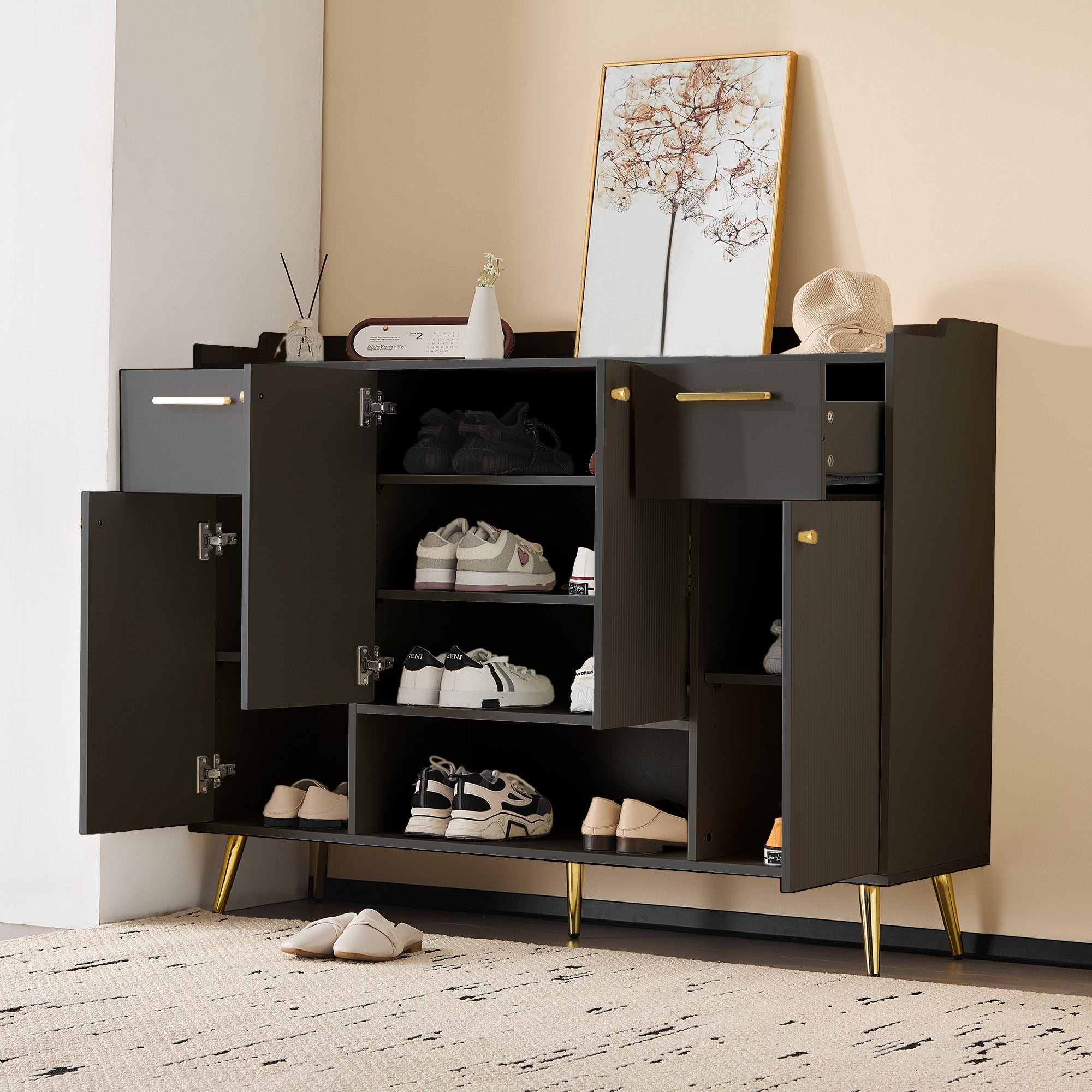 Logidon shoe cabinet black with 2 drawers and 4 doors metal feet
