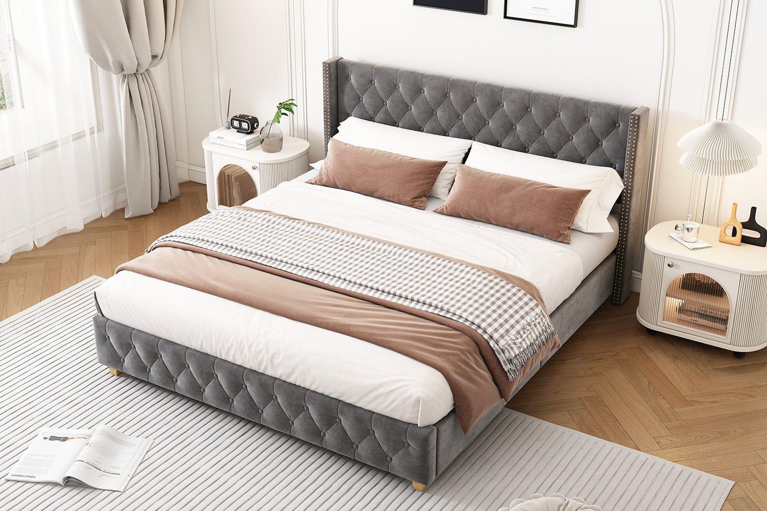 Logidon gestoffeerd bed 140x190 cm veloursgrijs, lattenbodem, hoofdeinde