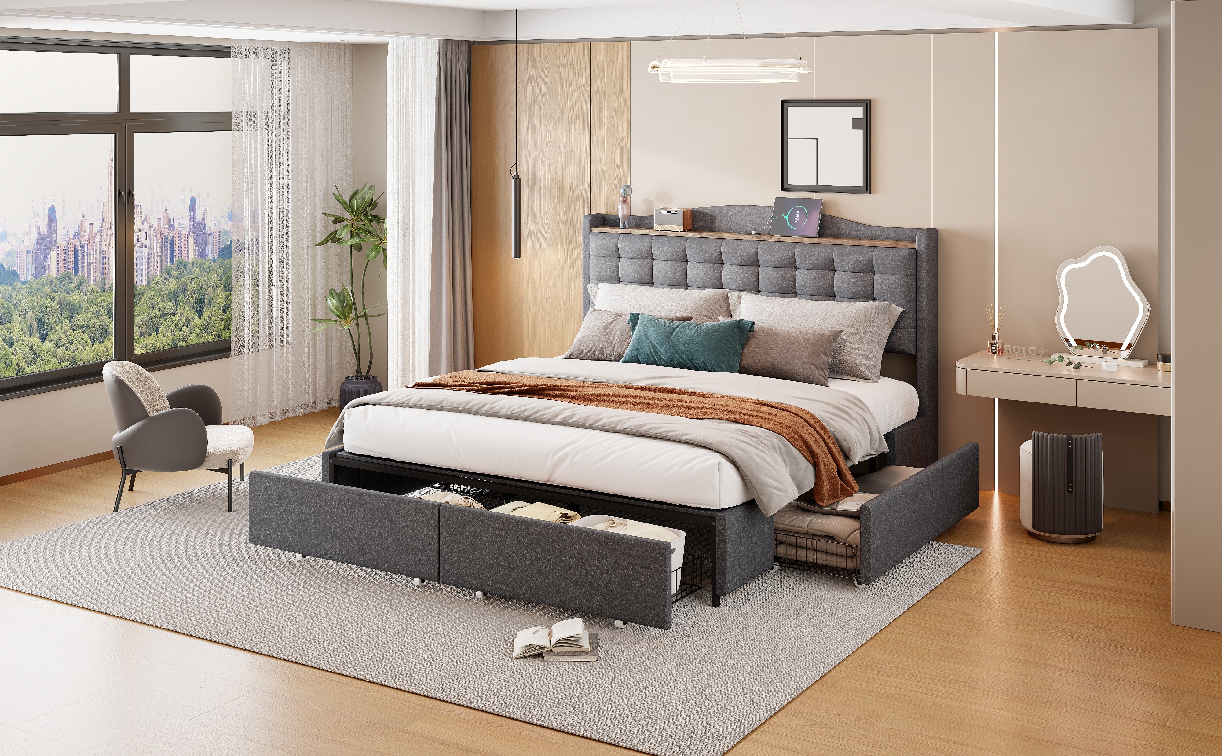 Logidon upholstered bed 160x200 cm gray with USB charging port and shelf