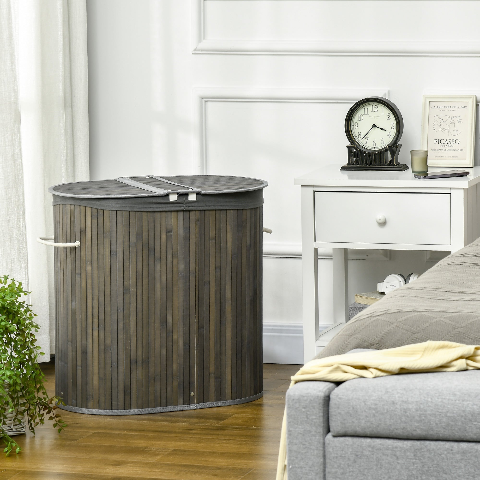 Logidon Bamboe Wasmand 100L Met Deksel 2 Afneembare Zakken Grijs