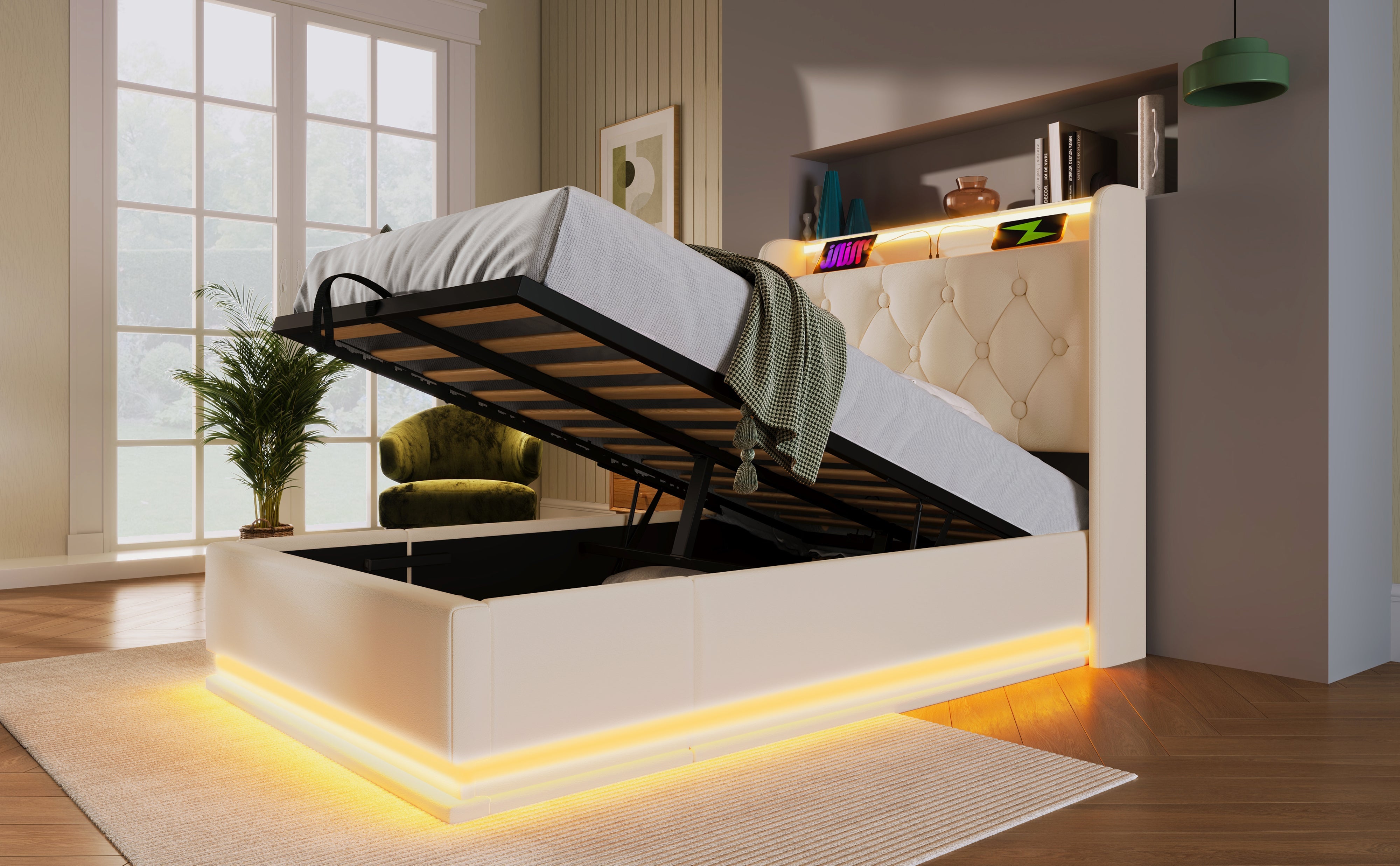 Logidon gestoffeerd bed eenpersoons 90x200 cm wit PU 360 SurroundLED USB C oplaadfunctie