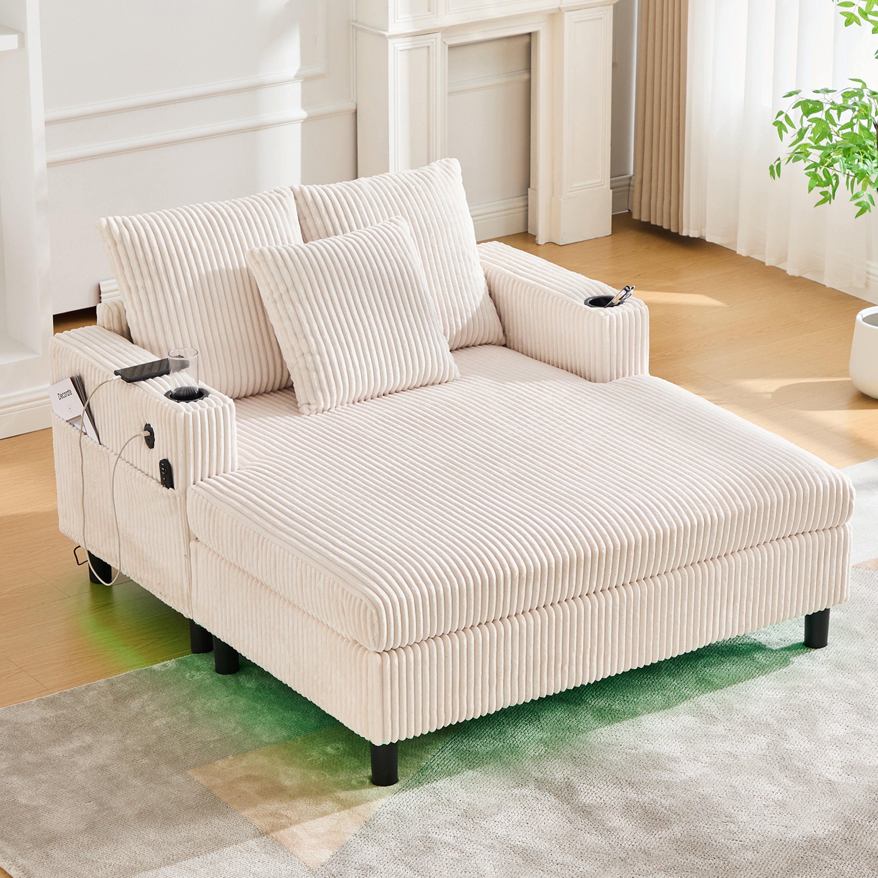 Logidon Chaise Longue Ligstoel Beige Fluweel Met USB LED-verlichting