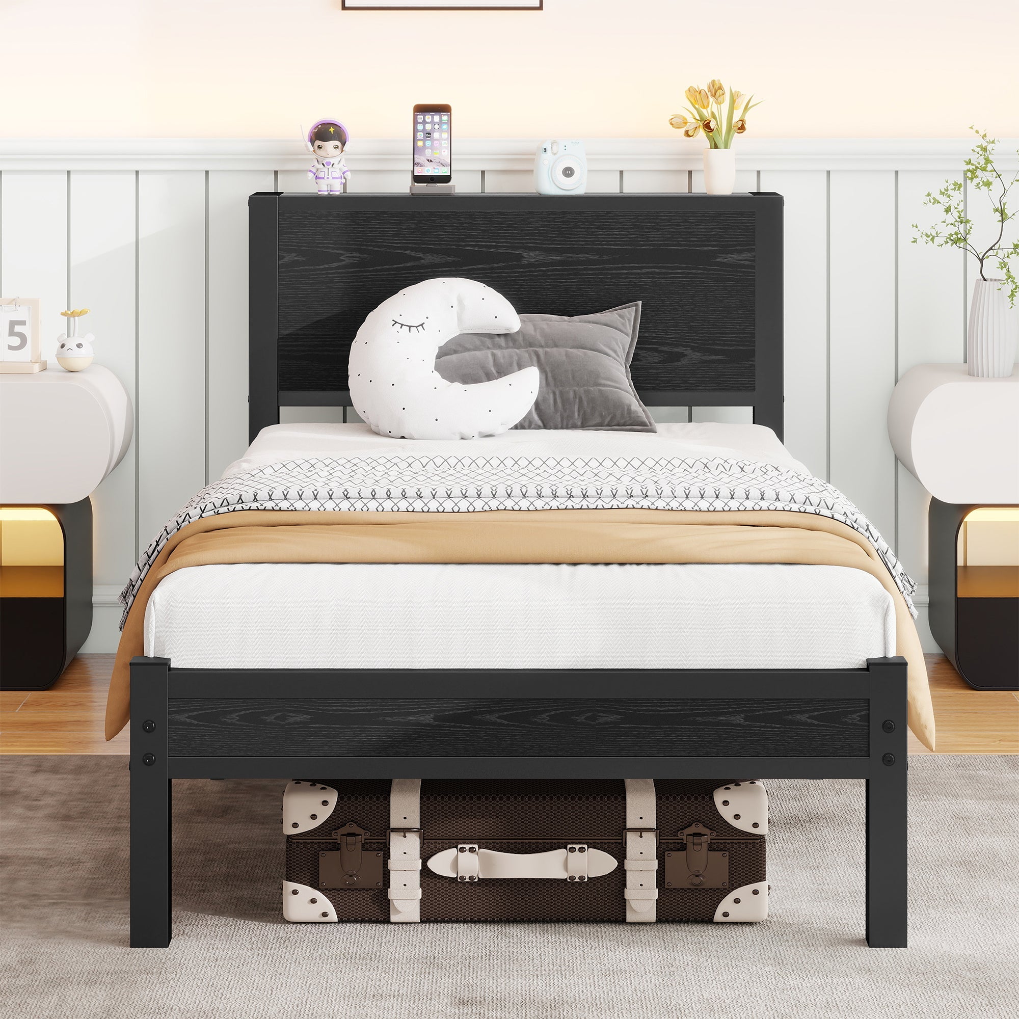 Logidon 90x200 cm metalen frame met opberghoofdbord zwart