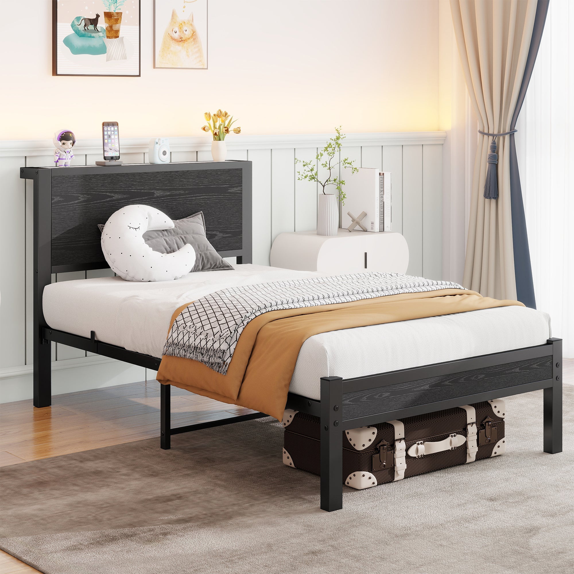 Logidon 90x200 cm metalen frame met opberghoofdbord zwart