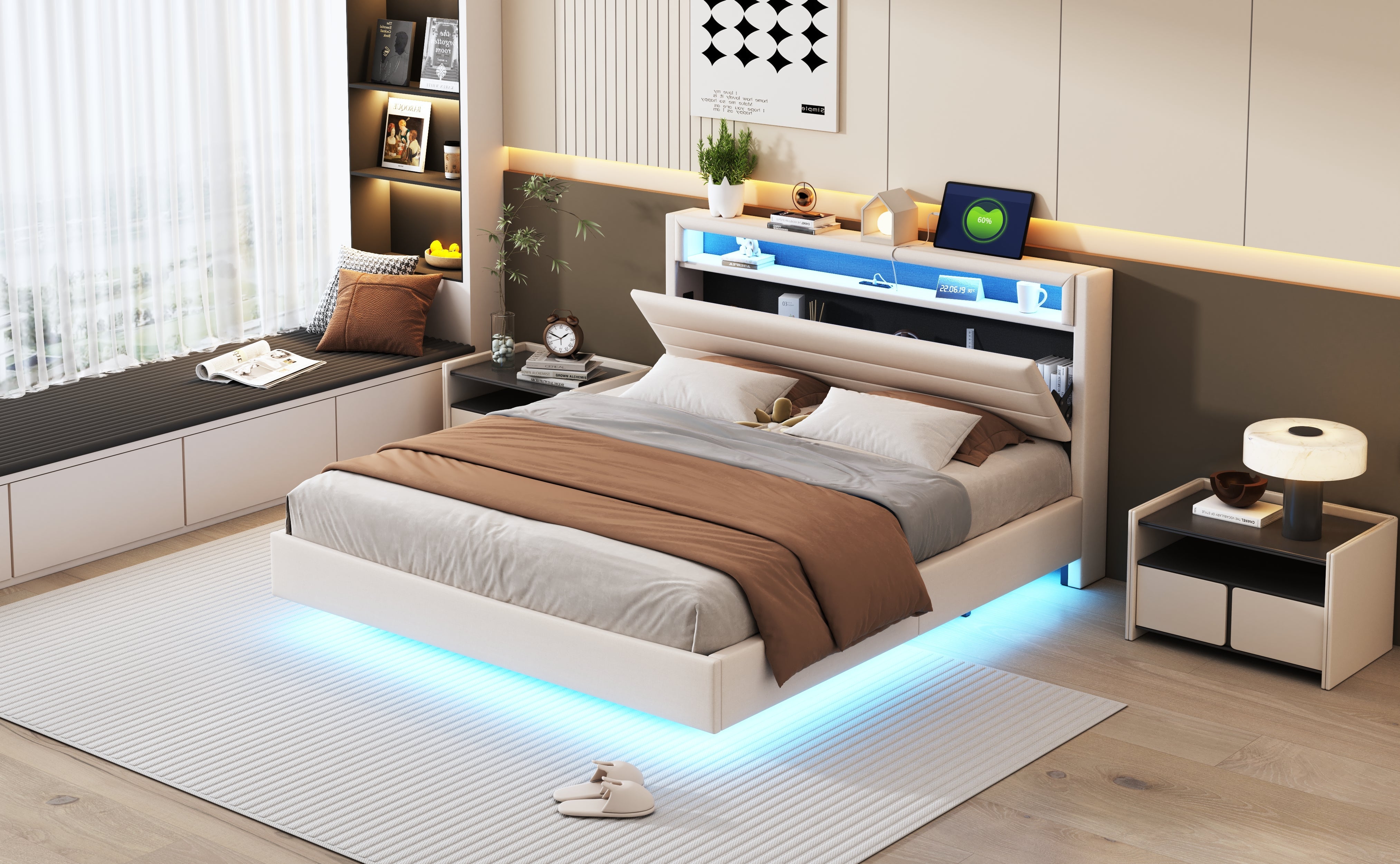 Logidon gestoffeerd bed 160x200 beige met USB-aansluiting en LED-verlichting