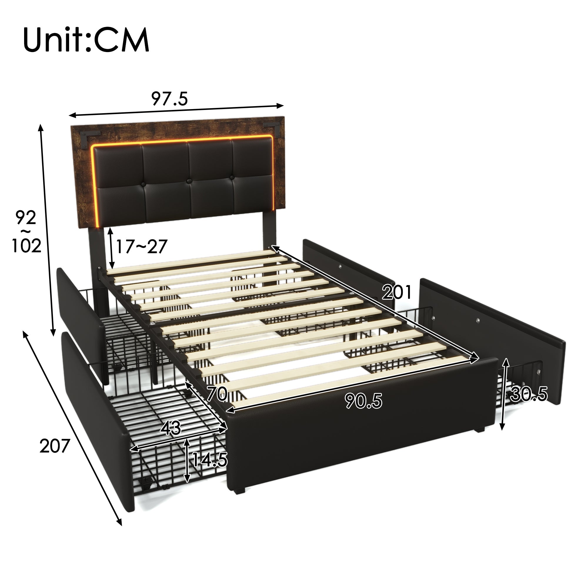 Logidon bedframe LED-verlichtingsstrip 4 lades 90x200 zwart