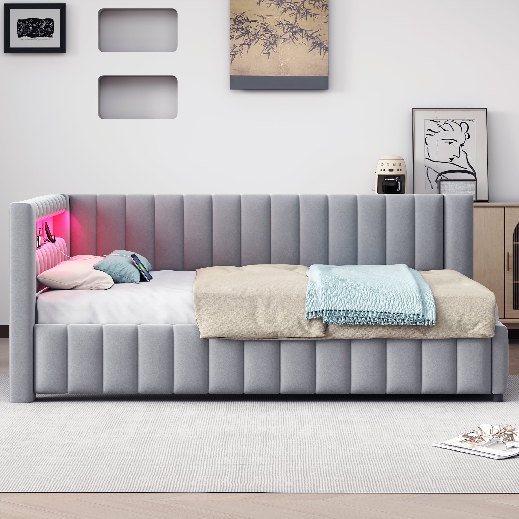 Logidon sofa bed 140x200 gray with LED light and USB charging port