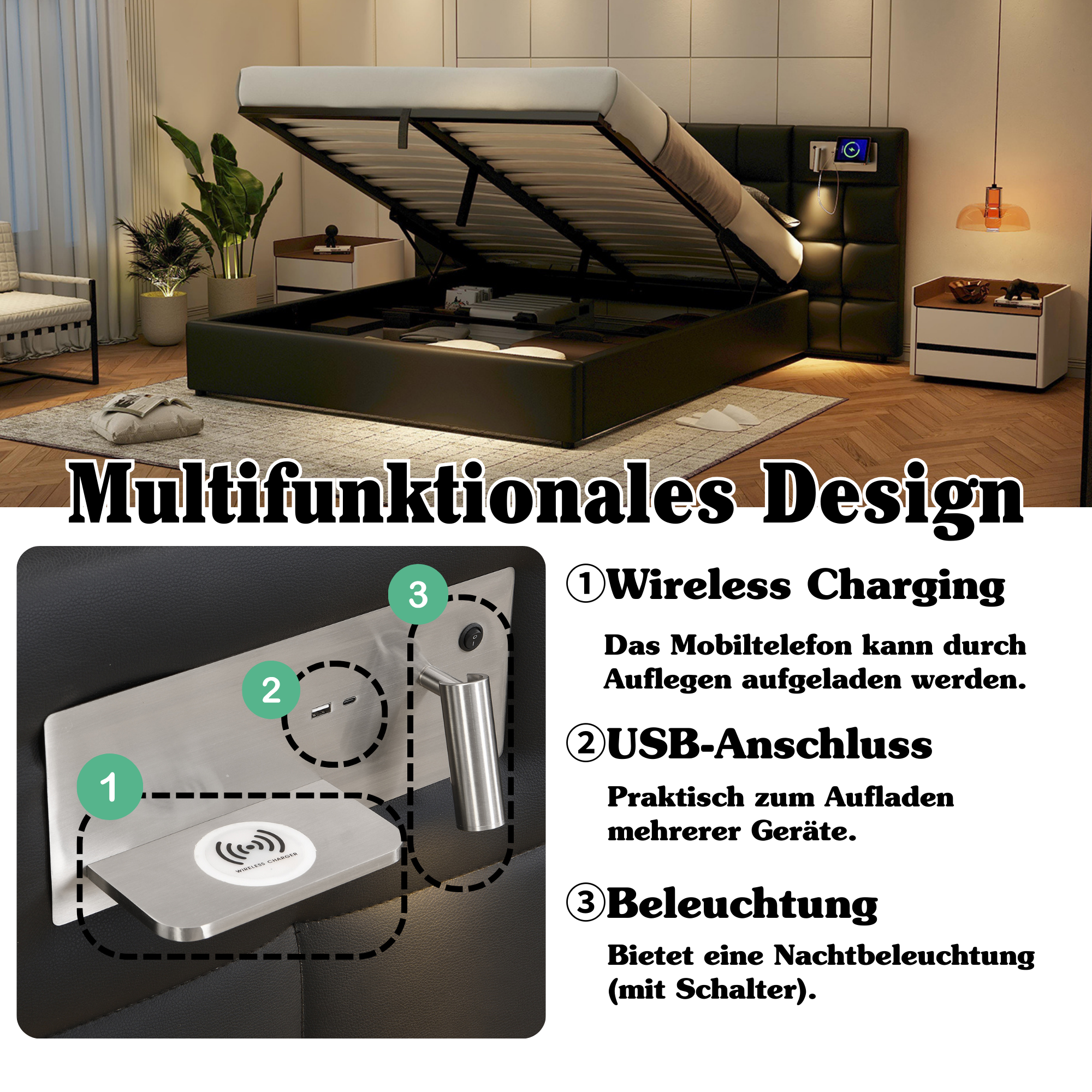 Logidon gestoffeerd bed 180 x 200 cm met USB poort en draadloos opladen