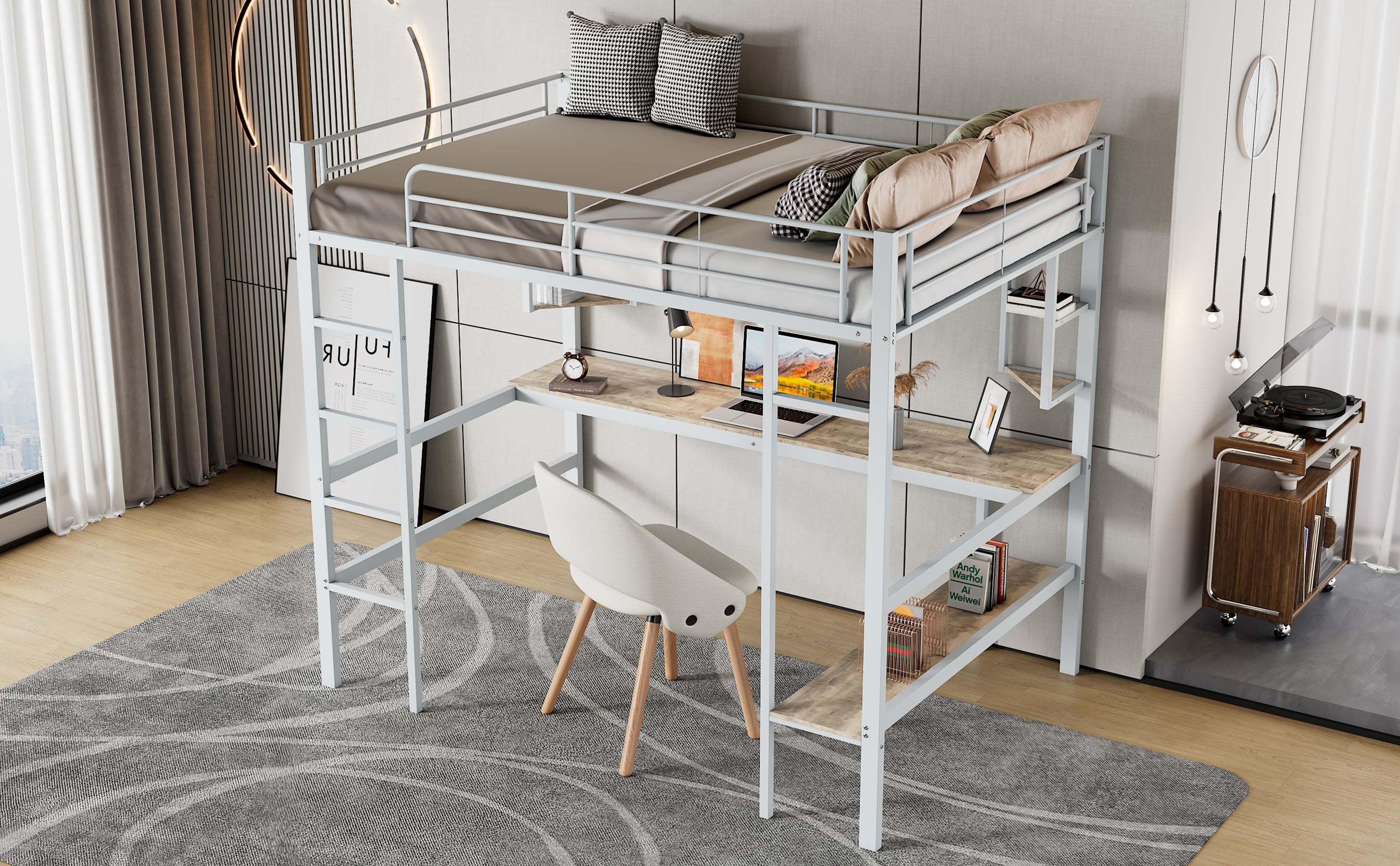 Logidon 90x200cm metal bed loft bed with desk and shelves white
