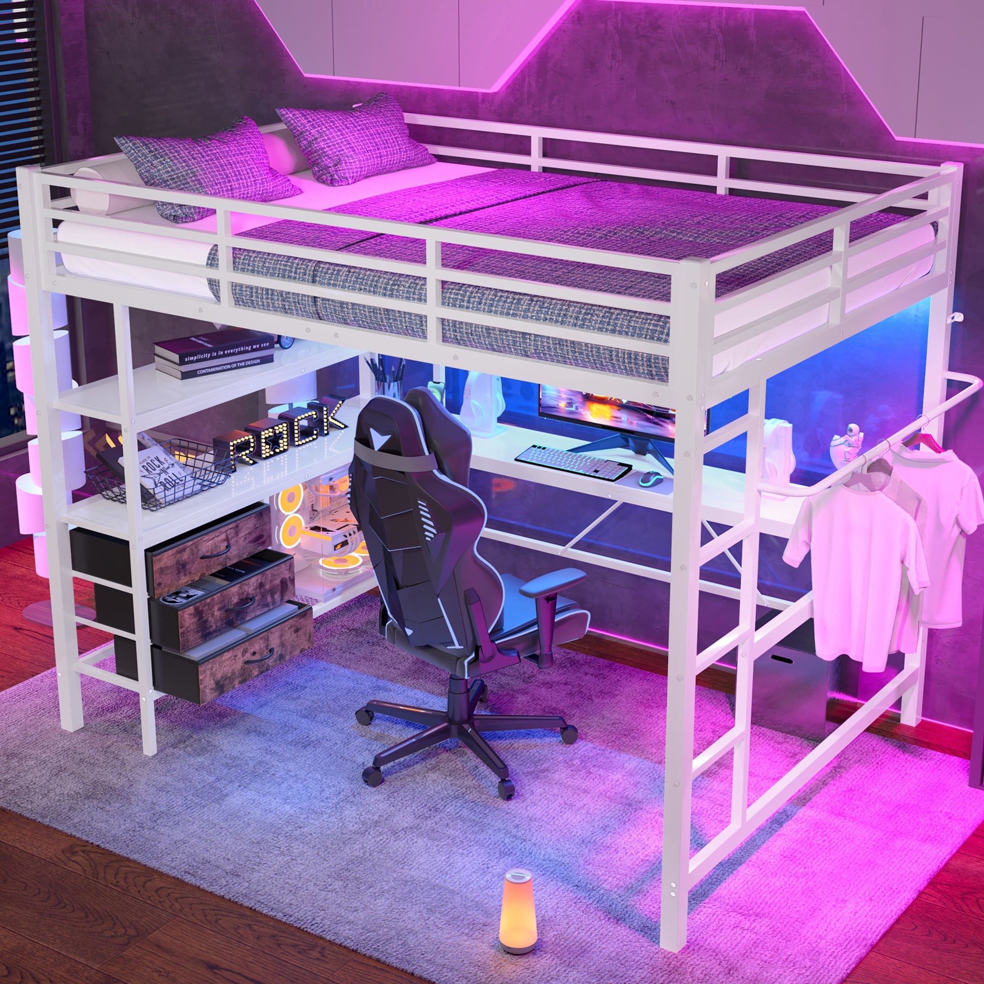Logidon loft bed 140x200 with LED lighting USB socket 3 drawers